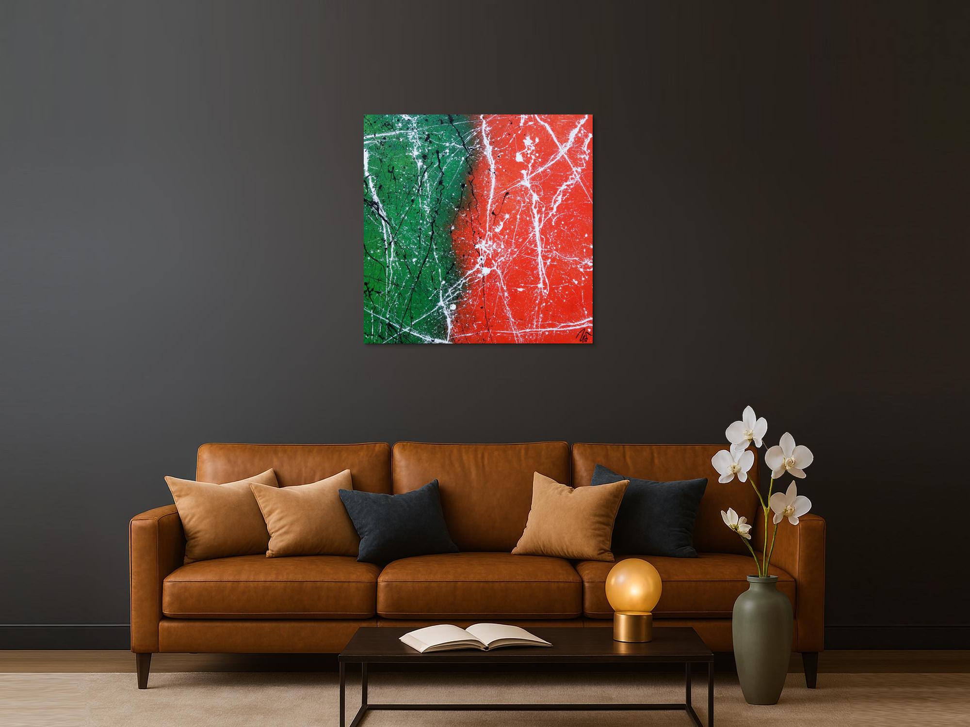 Abstraktes Acrylbild orange grün schwarz weiß sehr modern zeitgenössisch expressionistisch