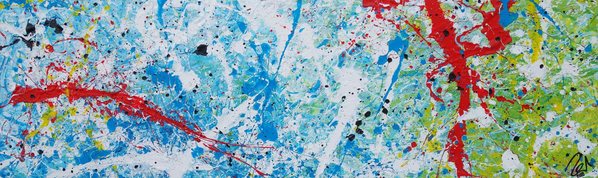 Abstraktes Acrylbild Action Painting sehr modern weiß blau rot grün gelb schwarz