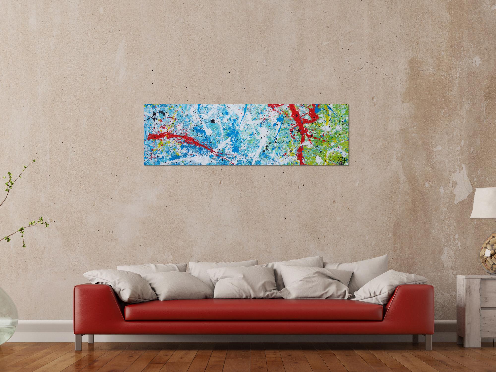 Abstraktes Acrylbild Action Painting sehr modern weiß blau rot grün gelb schwarz