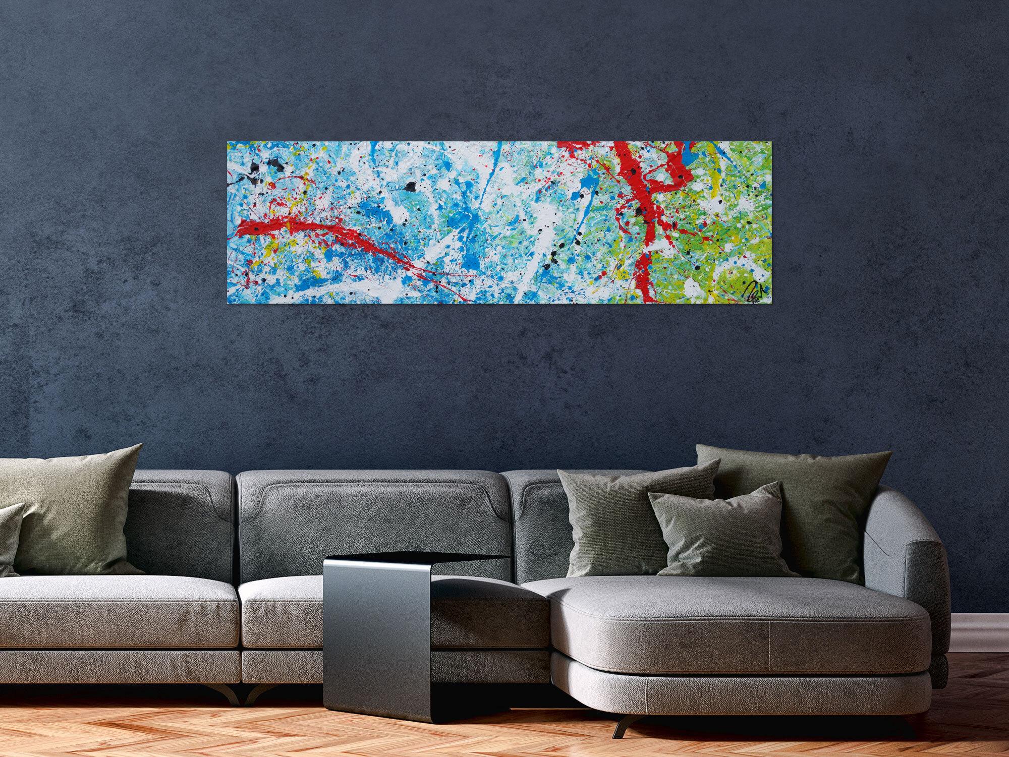 Abstraktes Acrylbild Action Painting sehr modern weiß blau rot grün gelb schwarz