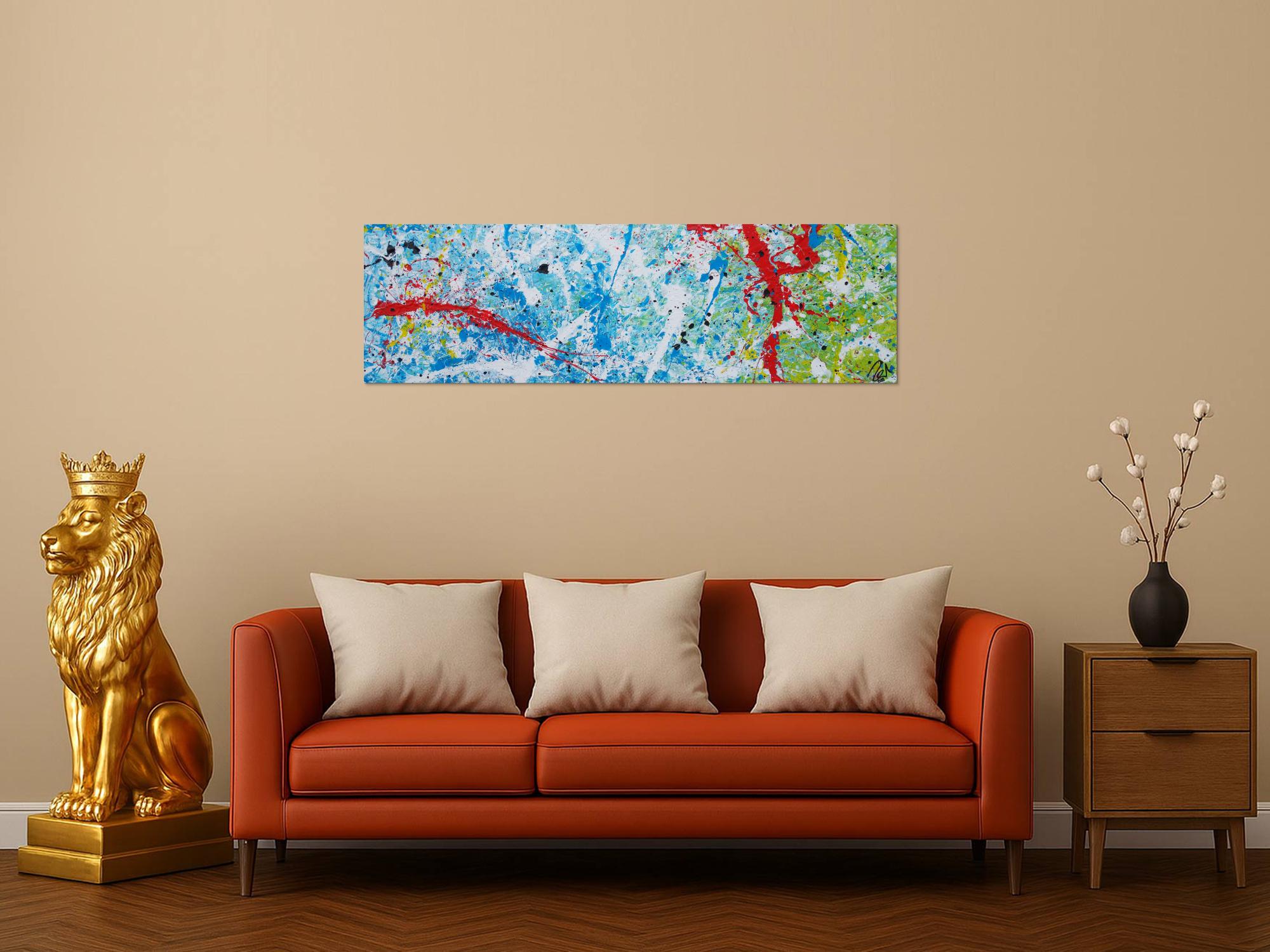 Abstraktes Acrylbild Action Painting sehr modern weiß blau rot grün gelb schwarz