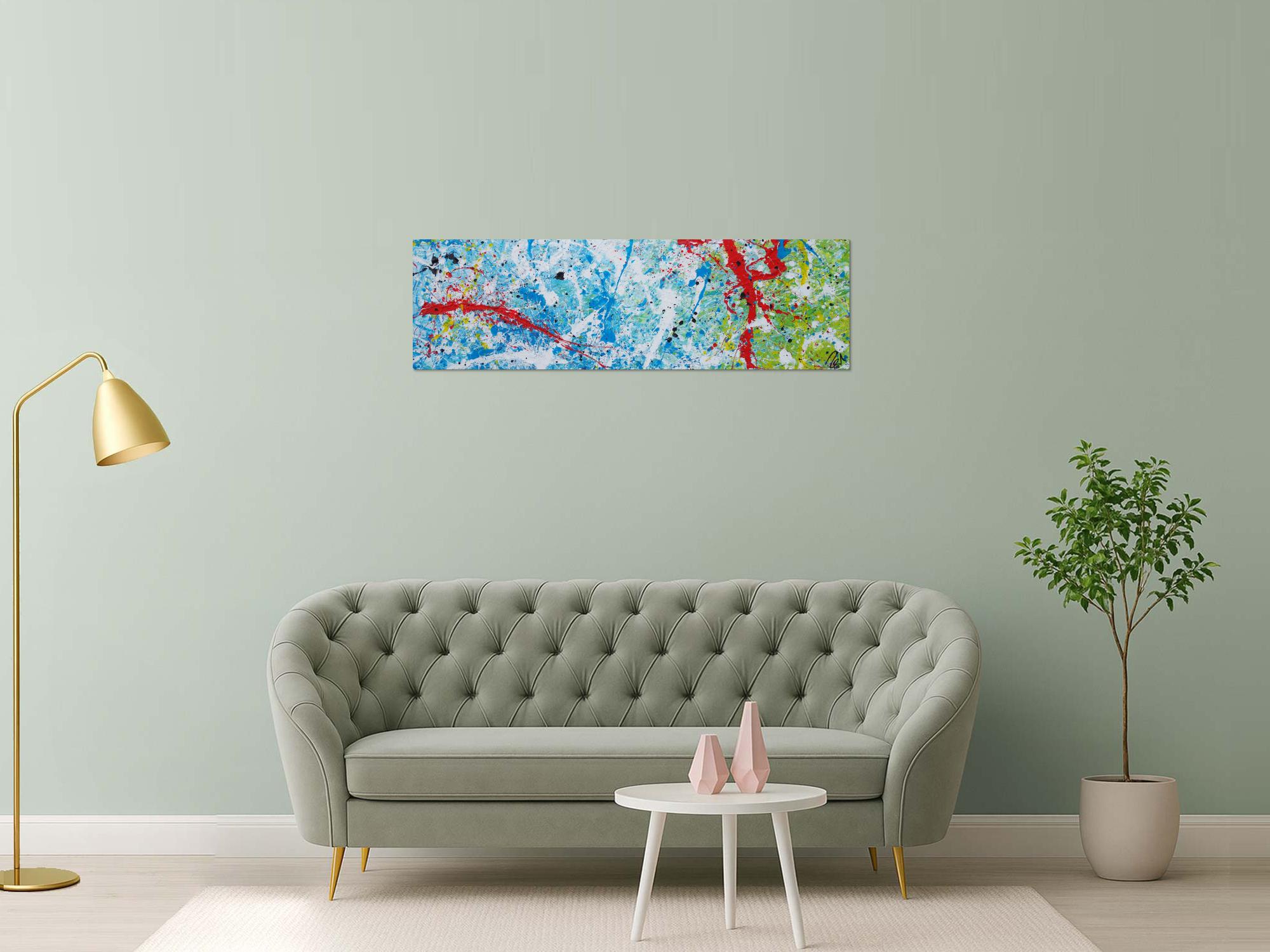 Abstraktes Acrylbild Action Painting sehr modern weiß blau rot grün gelb schwarz