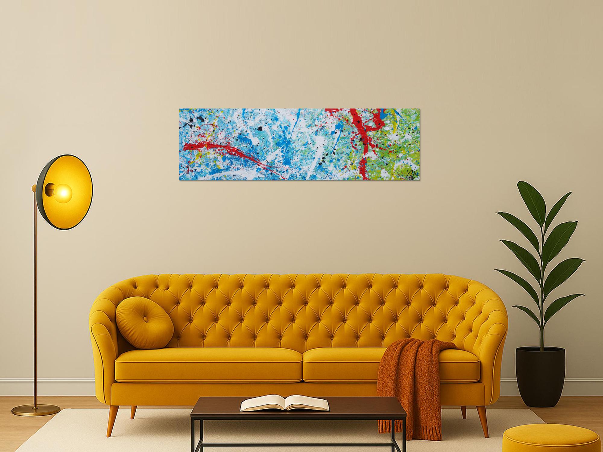 Abstraktes Acrylbild Action Painting sehr modern weiß blau rot grün gelb schwarz