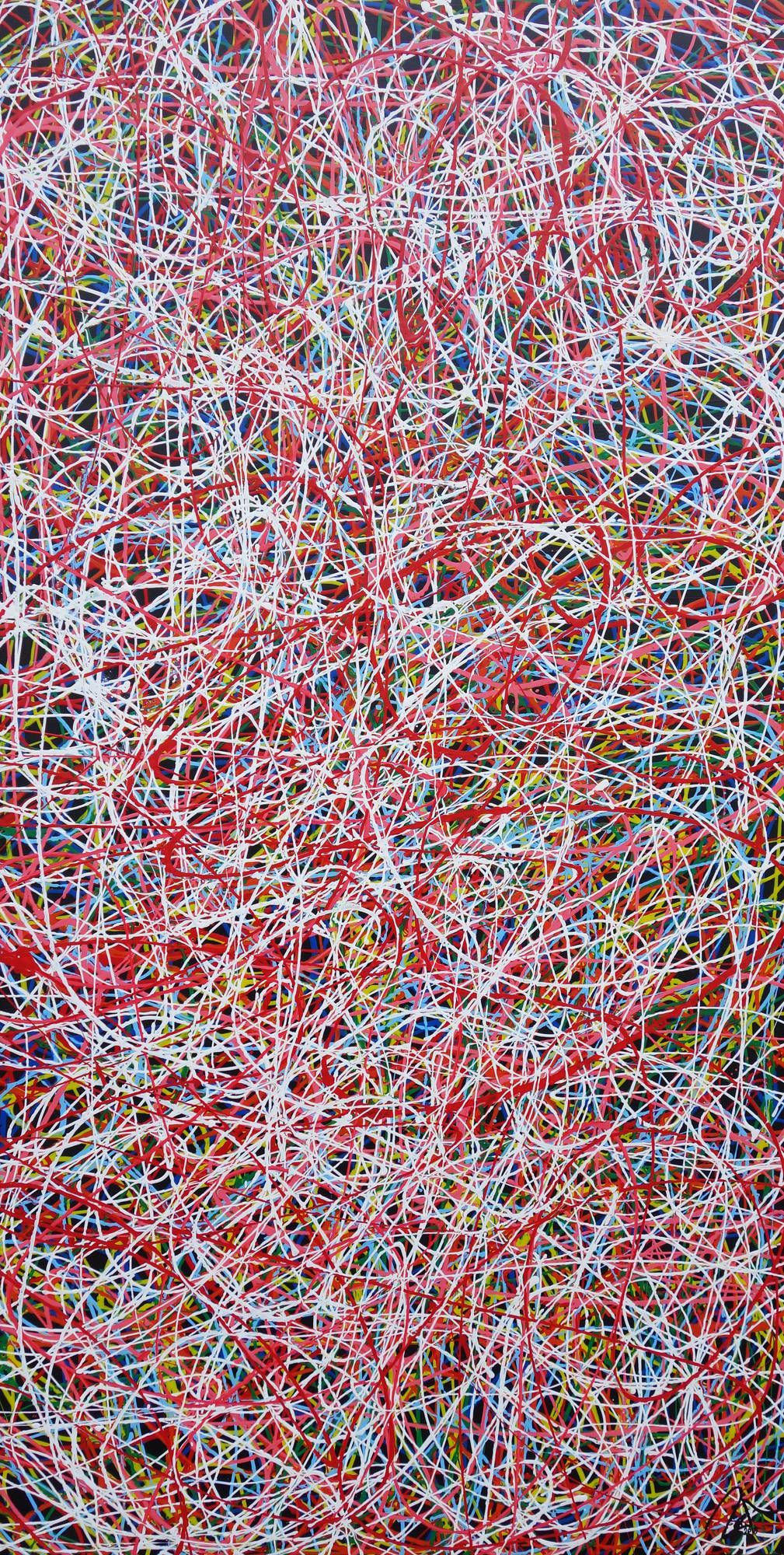 Abstraktes Acrylbild Mischtechnik bunt viele Farben feine bunte Streifen auf schwarzem Hintergrund