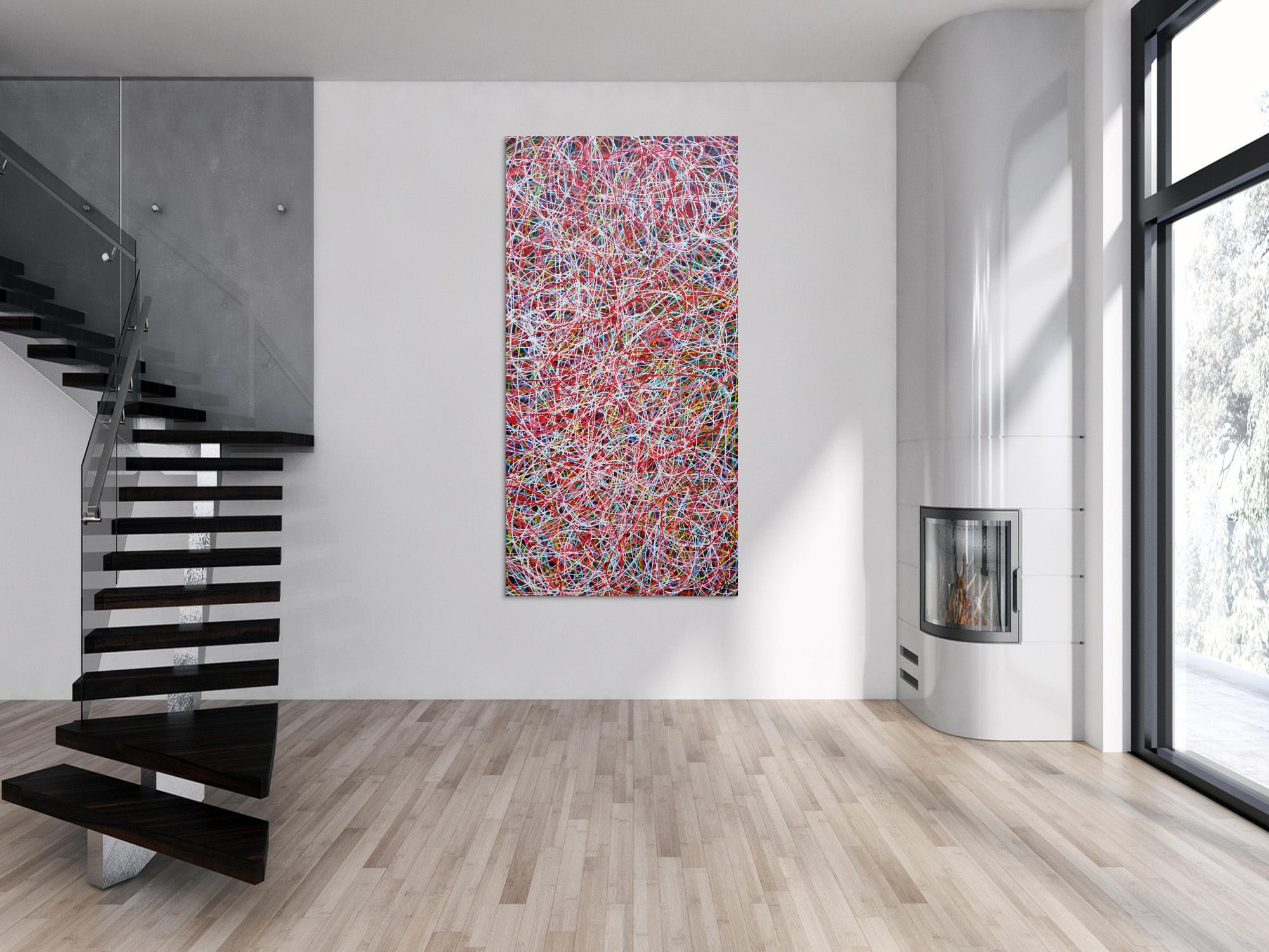 Abstraktes Acrylbild Mischtechnik bunt viele Farben feine bunte Streifen auf schwarzem Hintergrund