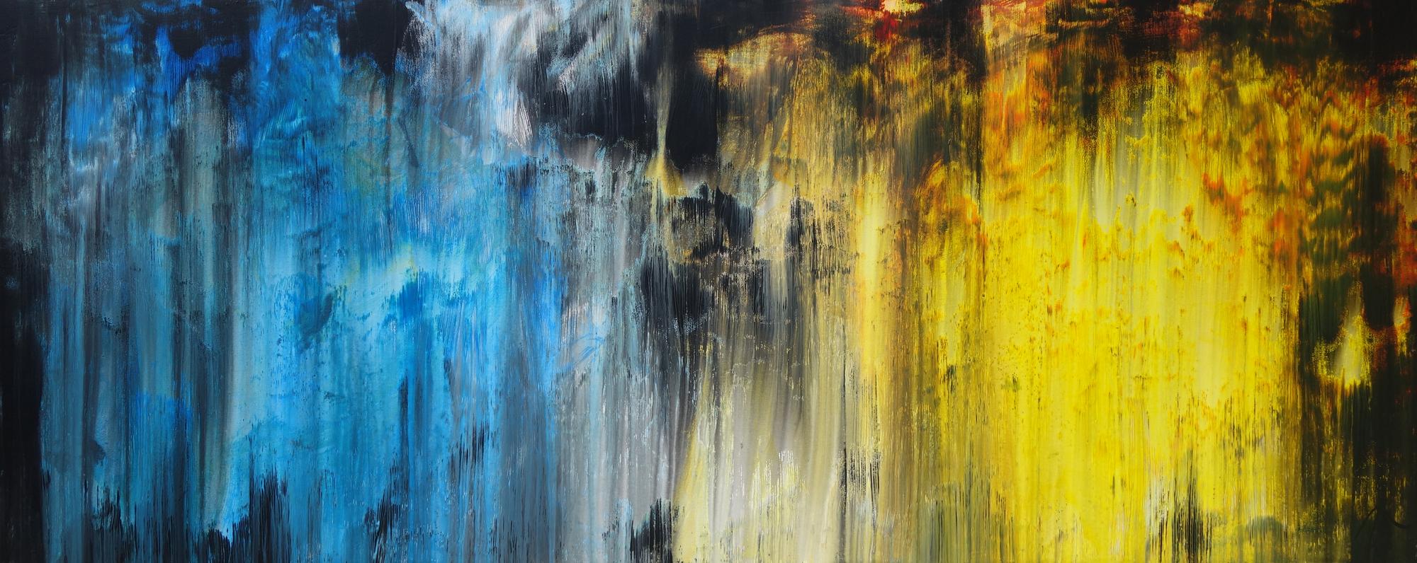 Abstraktes Acrylbild Modern Art blau gelb schwarz weiß Mischtechnik zeitgenössisch