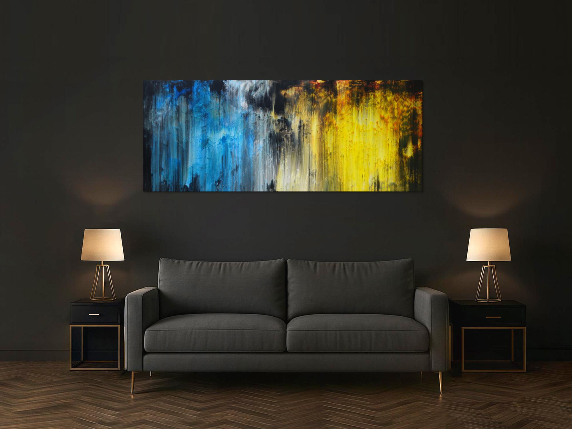 Abstraktes Acrylbild Modern Art blau gelb schwarz weiß Mischtechnik zeitgenössisch