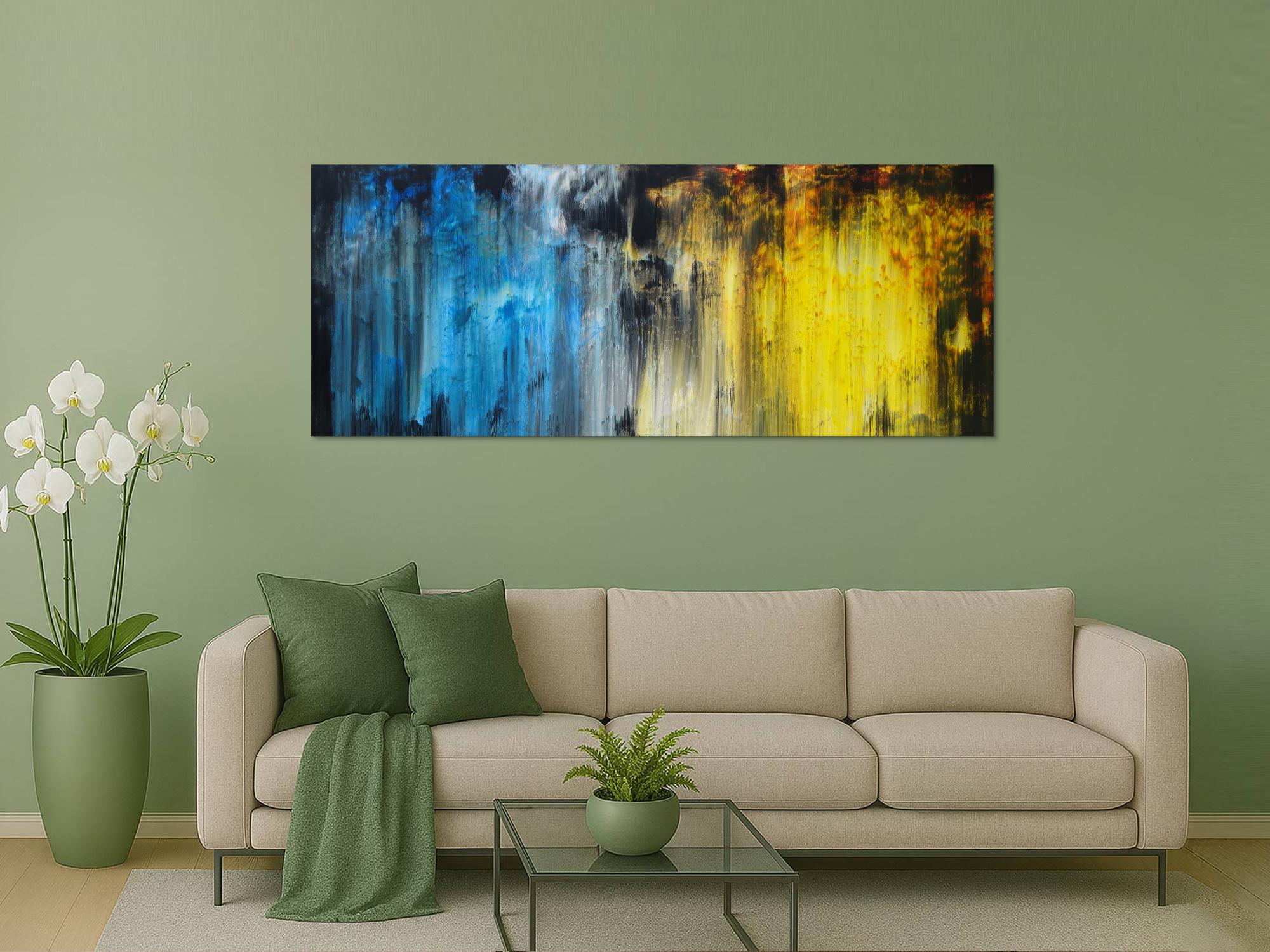 Abstraktes Acrylbild Modern Art blau gelb schwarz weiß Mischtechnik zeitgenössisch