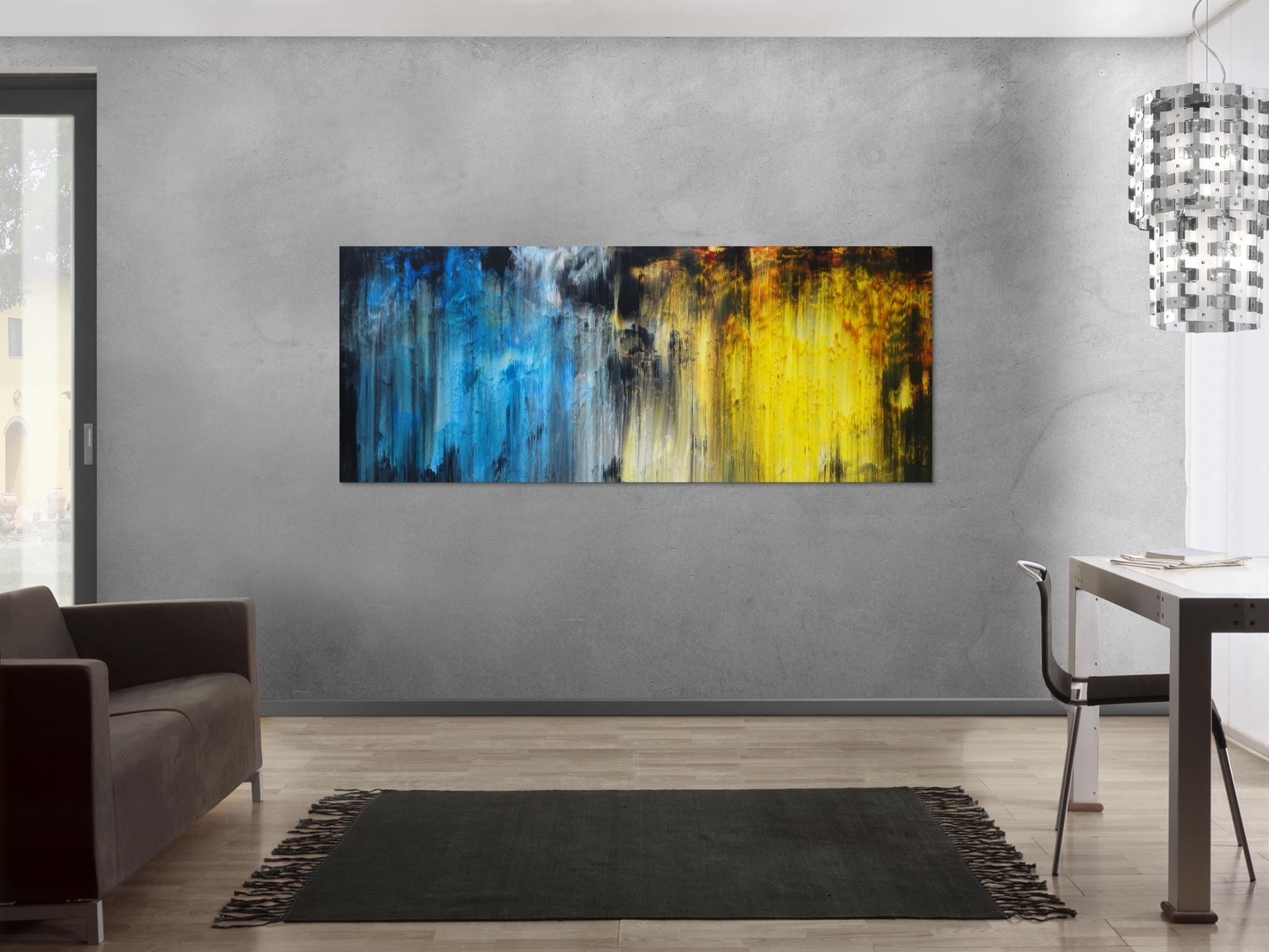 Abstraktes Acrylbild Modern Art blau gelb schwarz weiß Mischtechnik zeitgenössisch