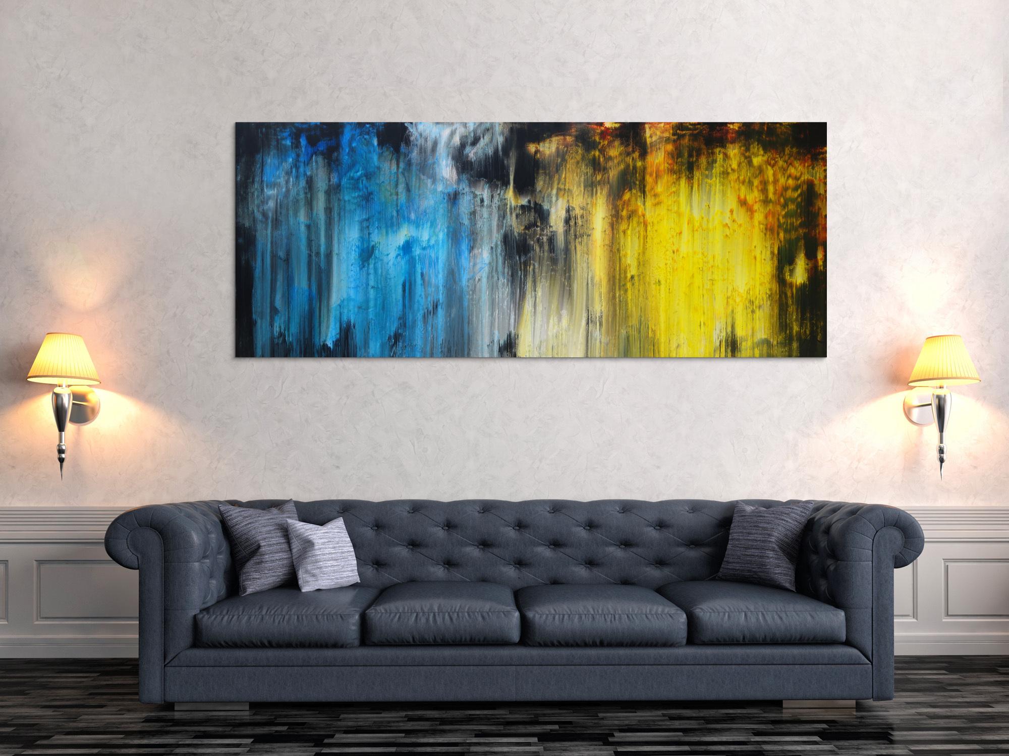 Abstraktes Acrylbild Modern Art blau gelb schwarz weiß Mischtechnik zeitgenössisch