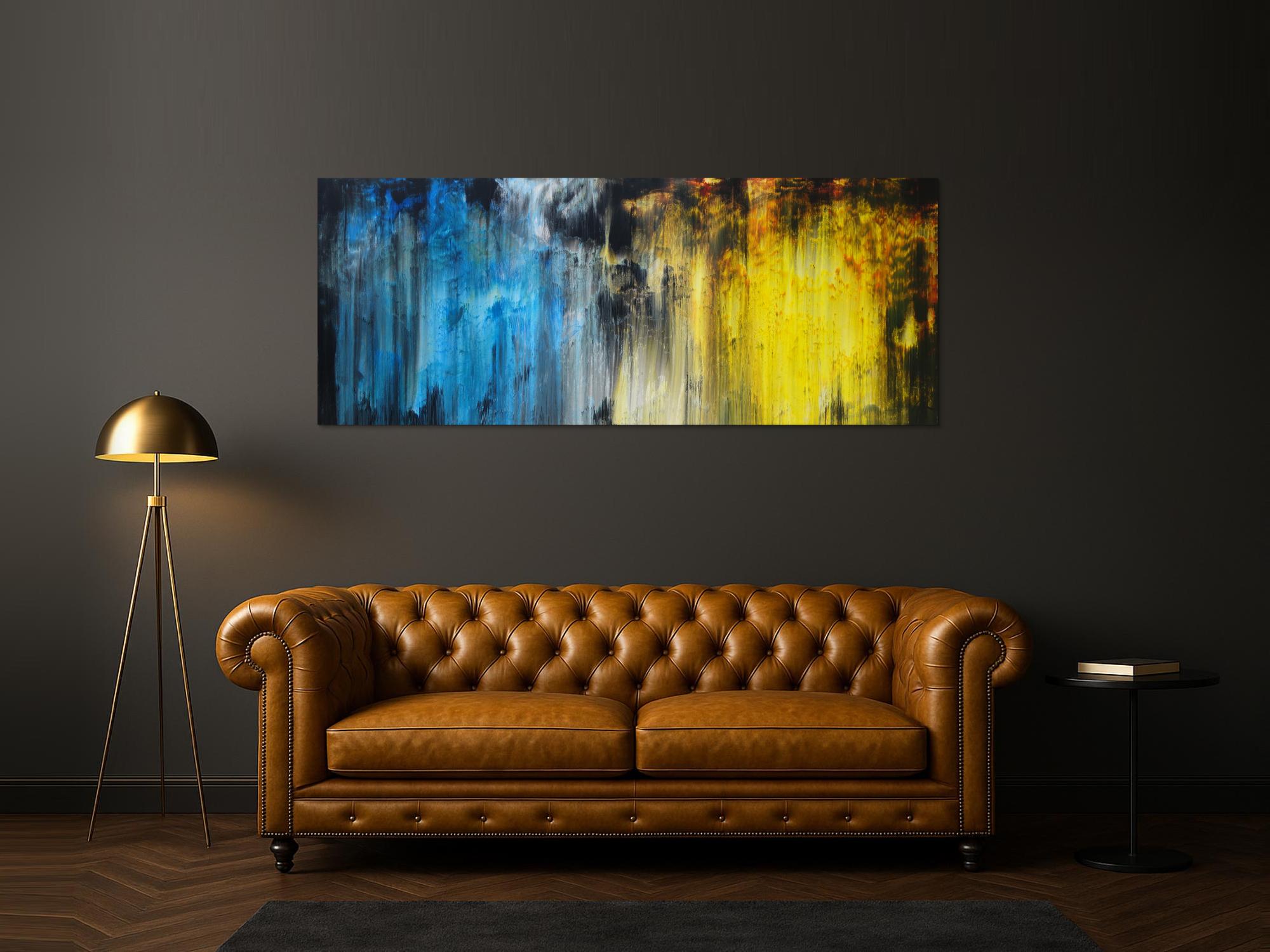 Abstraktes Acrylbild Modern Art blau gelb schwarz weiß Mischtechnik zeitgenössisch