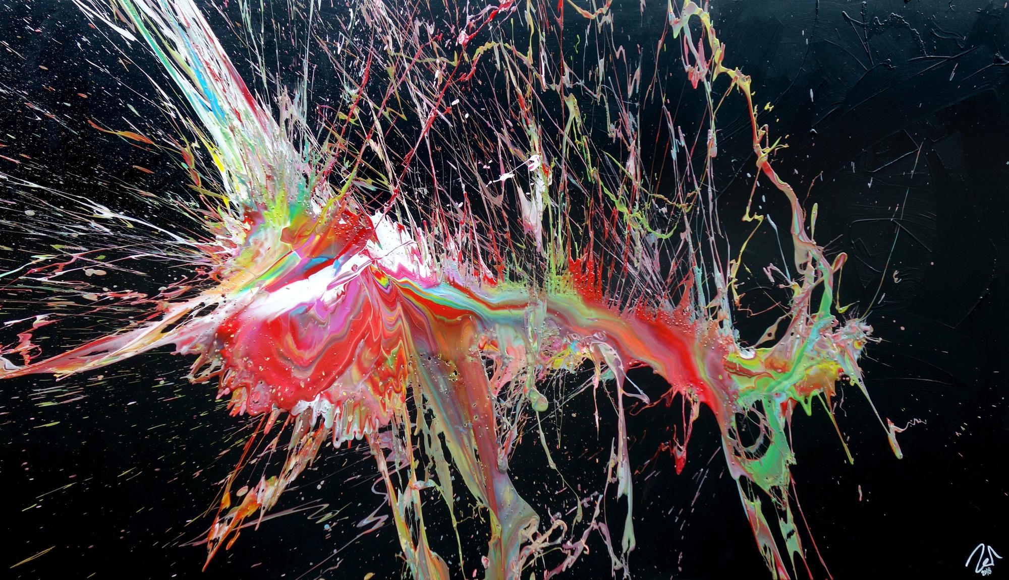 Abstraktes Acrylbild sehr bunt auf schwarz Action Painting Modern Art Splash Art zeitgenössisch