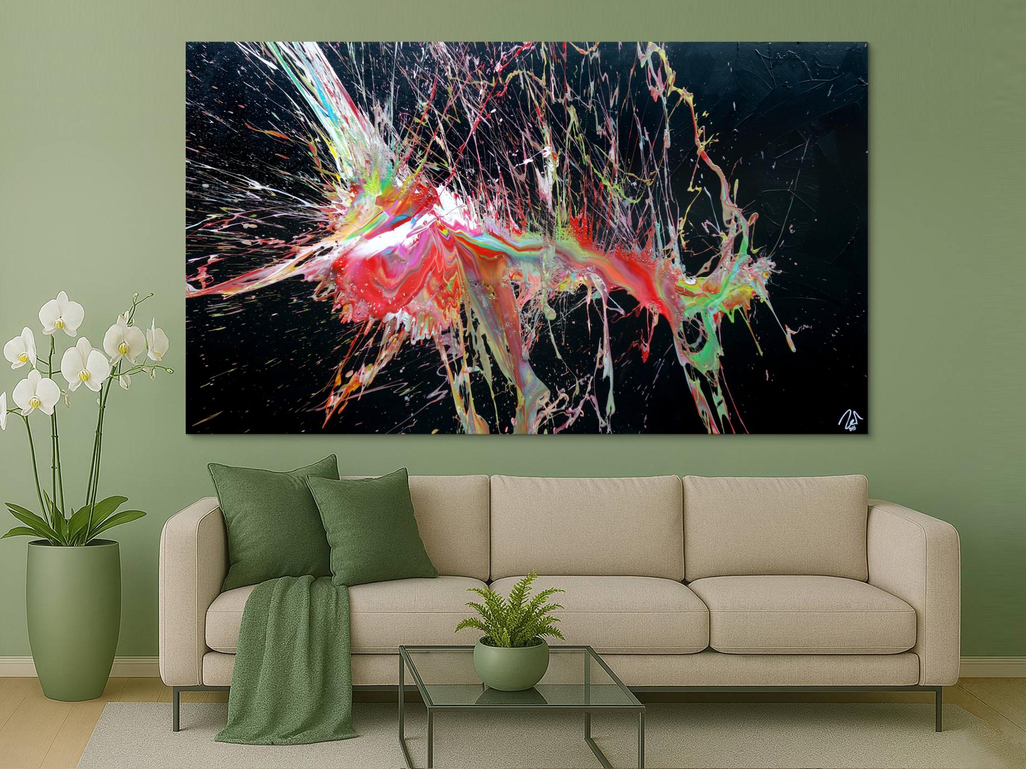 Abstraktes Acrylbild sehr bunt auf schwarz Action Painting Modern Art Splash Art zeitgenössisch