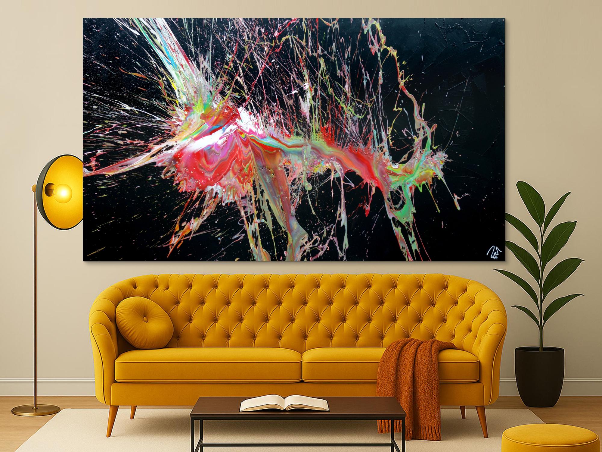 Abstraktes Acrylbild sehr bunt auf schwarz Action Painting Modern Art Splash Art zeitgenössisch