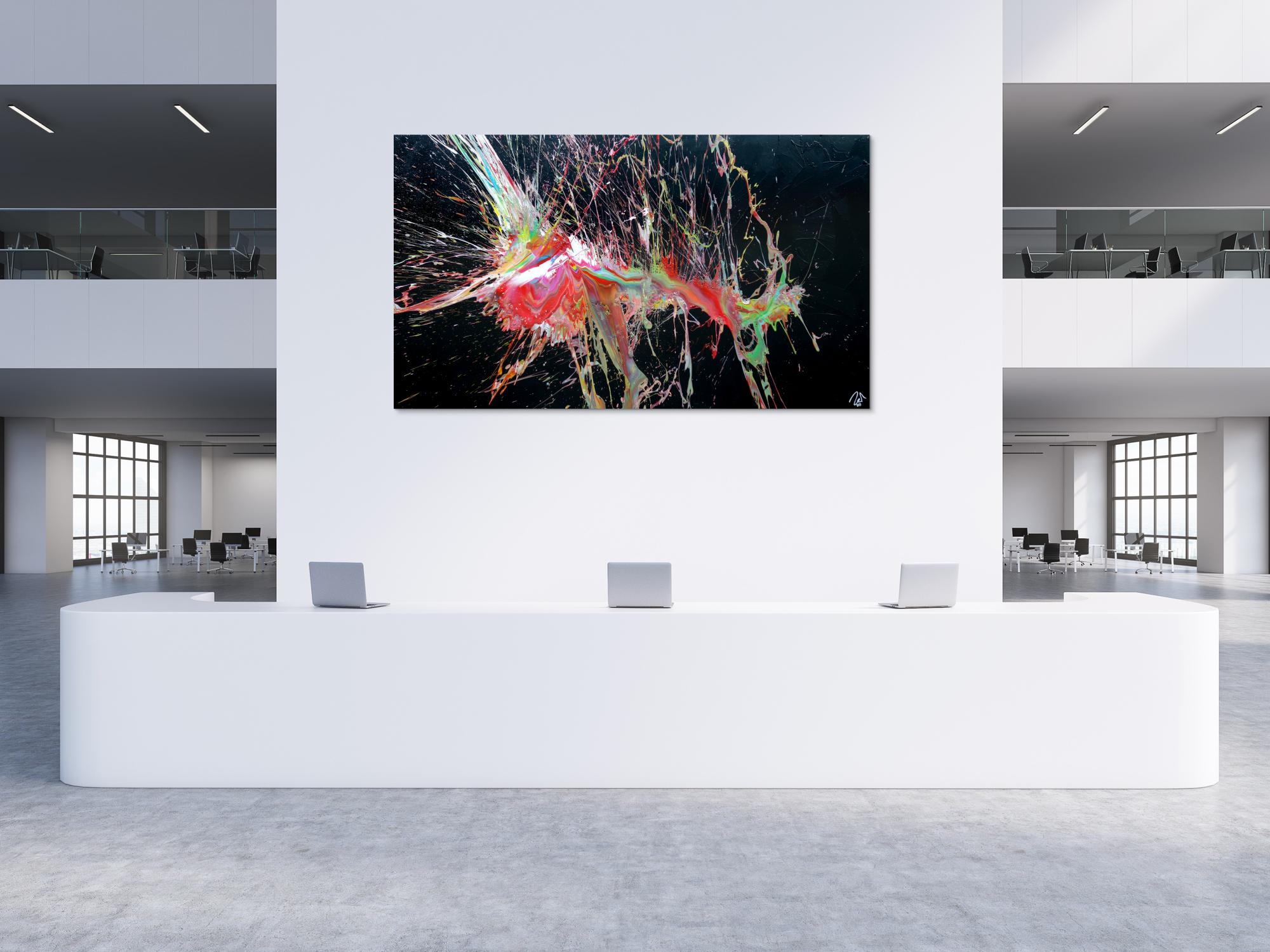 Abstraktes Acrylbild sehr bunt auf schwarz Action Painting Modern Art Splash Art zeitgenössisch