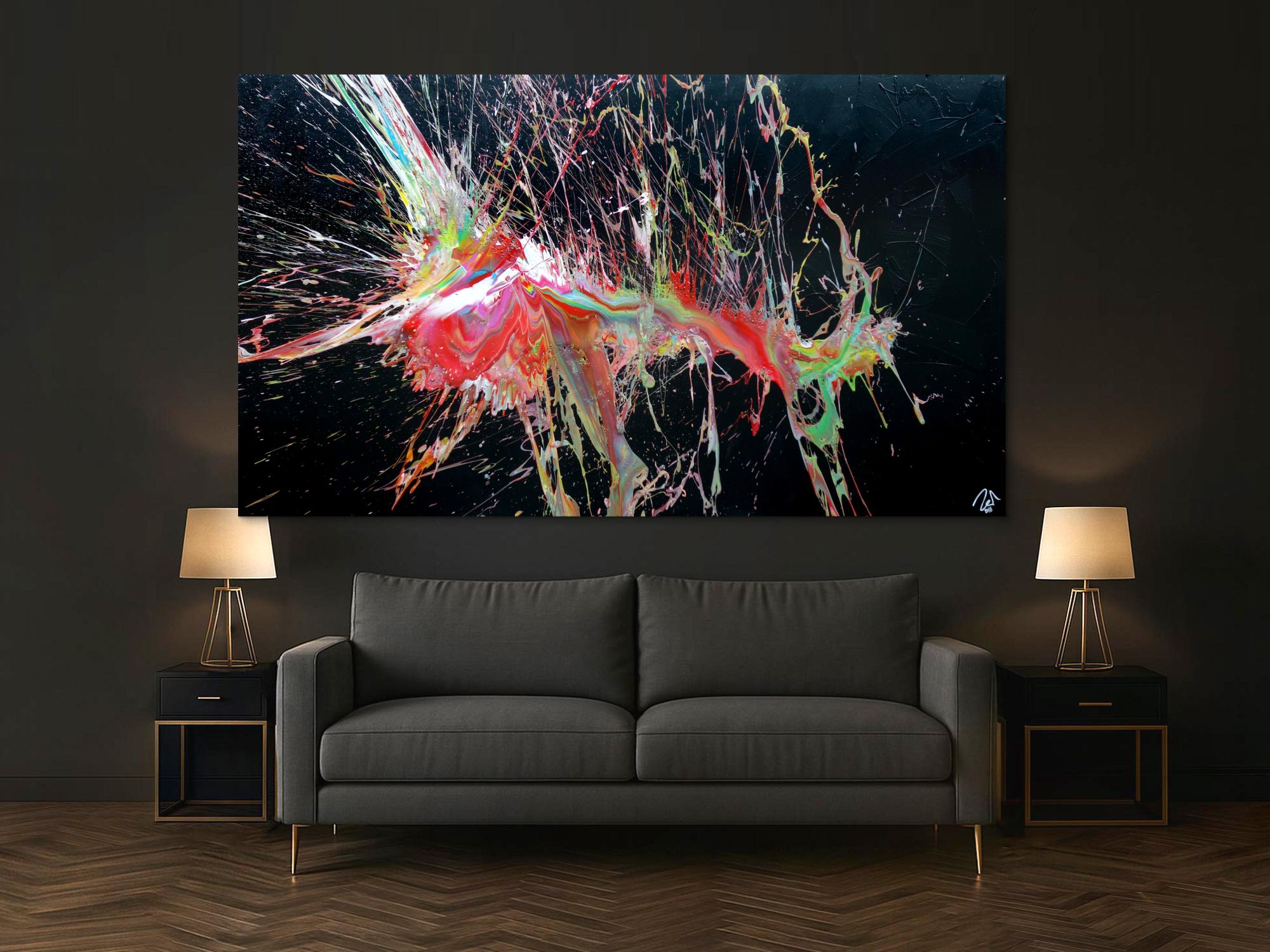 Abstraktes Acrylbild sehr bunt auf schwarz Action Painting Modern Art Splash Art zeitgenössisch