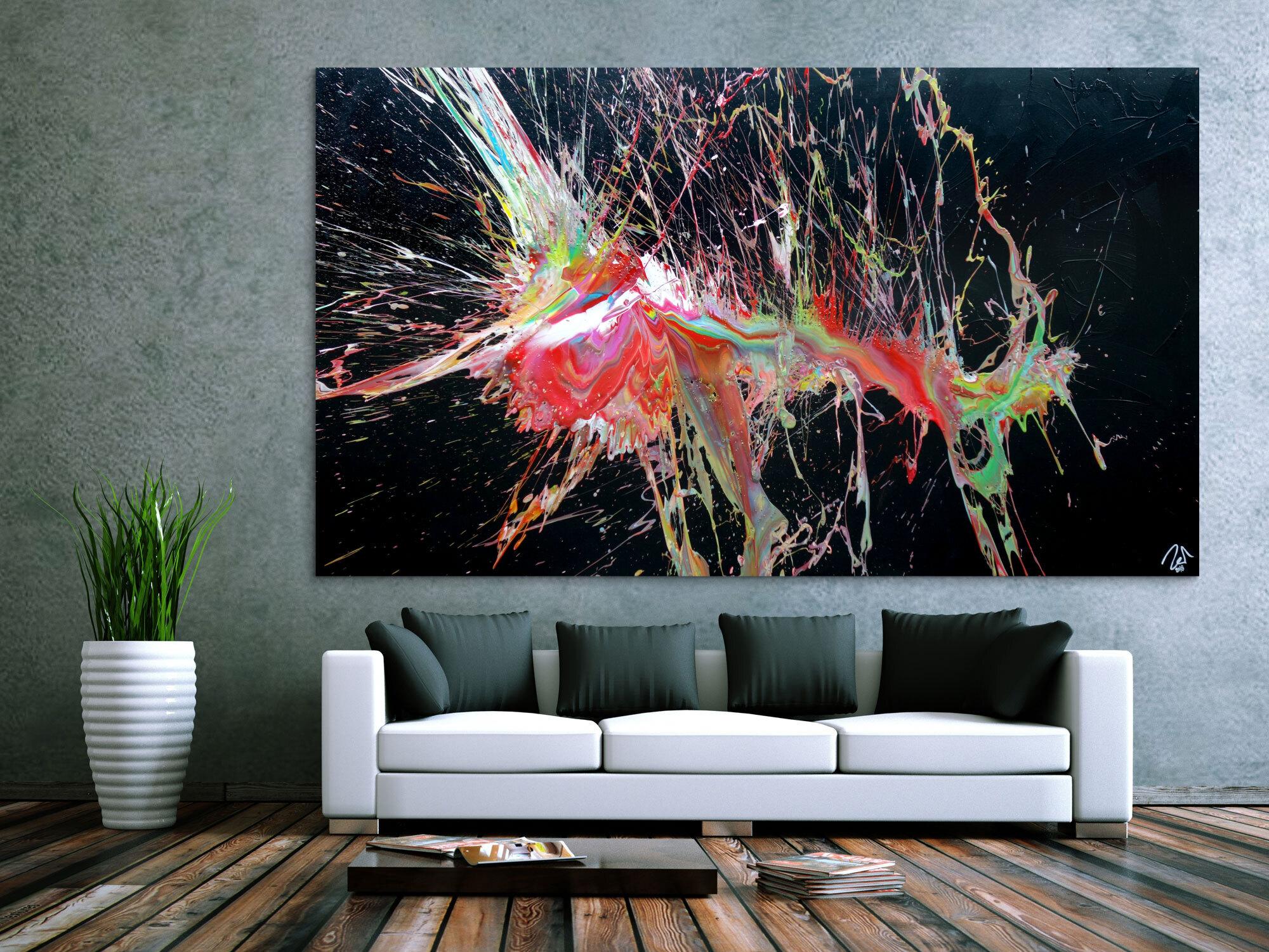 Abstraktes Acrylbild sehr bunt auf schwarz Action Painting Modern Art Splash Art zeitgenössisch