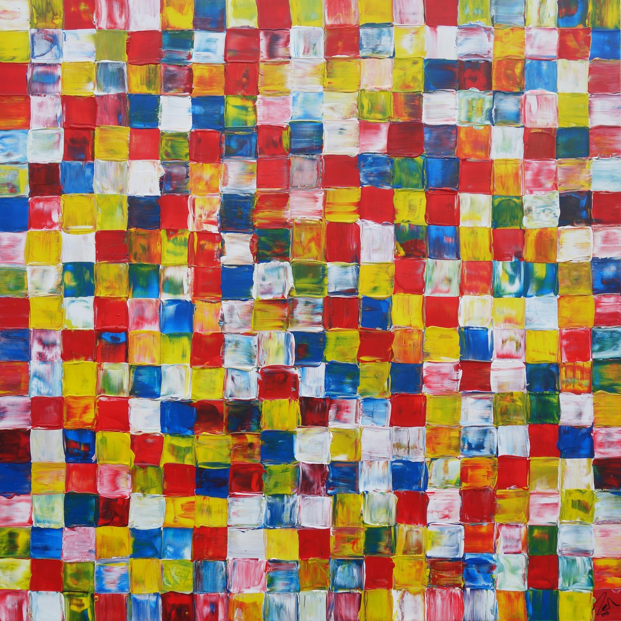 Abstraktes Acrylbild bunte Flächen sehr groß Karomuster viele Farben modern zeitgenössisch