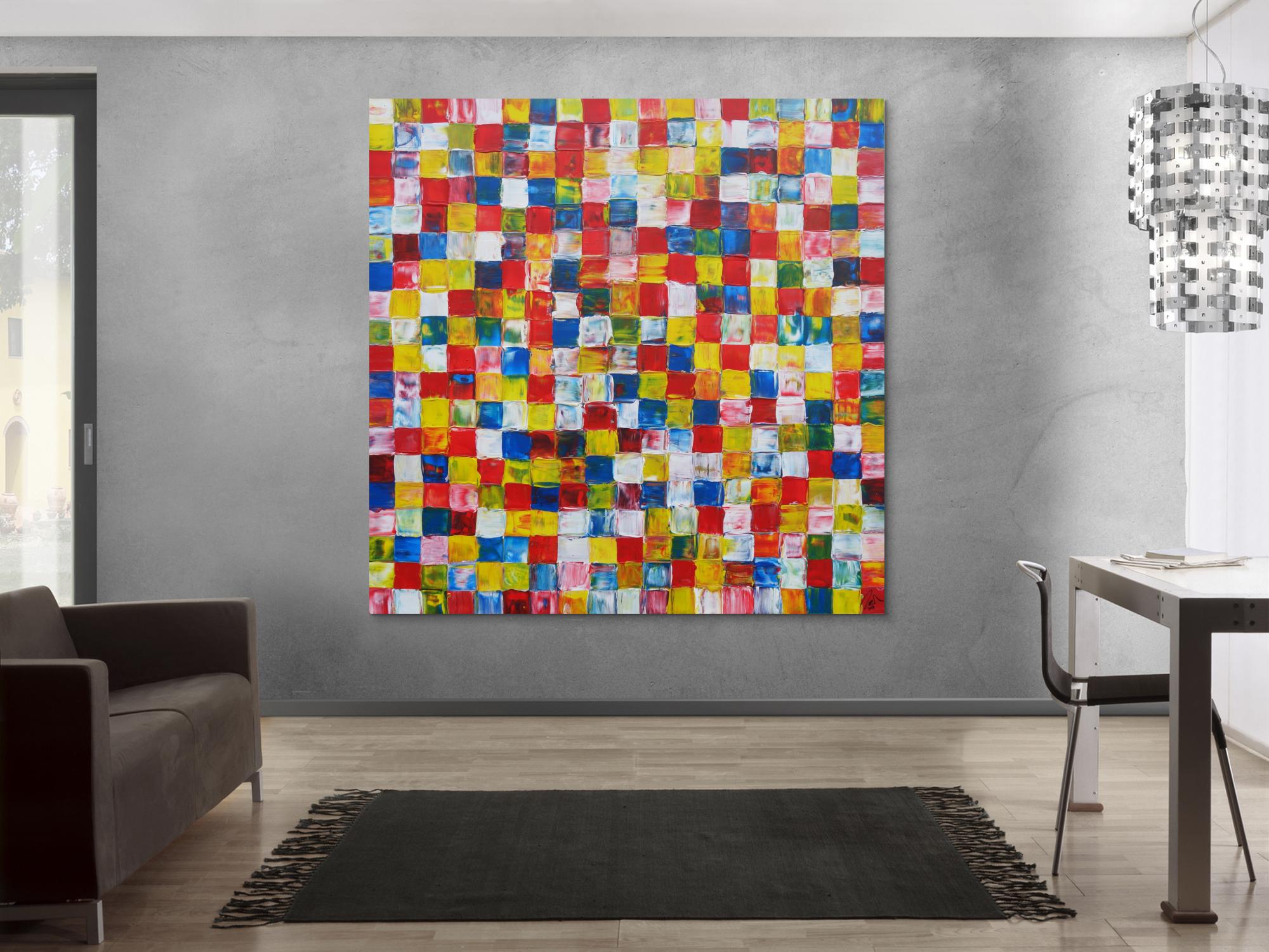 Abstraktes Acrylbild bunte Flächen sehr groß Karomuster viele Farben modern zeitgenössisch