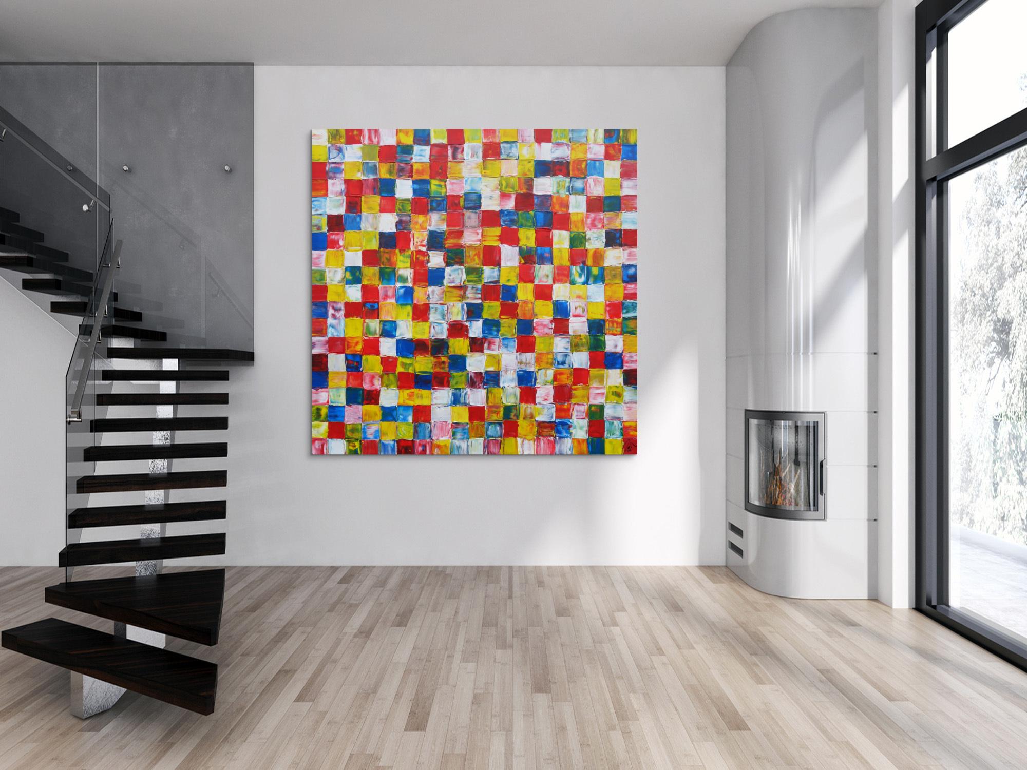 Abstraktes Acrylbild bunte Flächen sehr groß Karomuster viele Farben modern zeitgenössisch