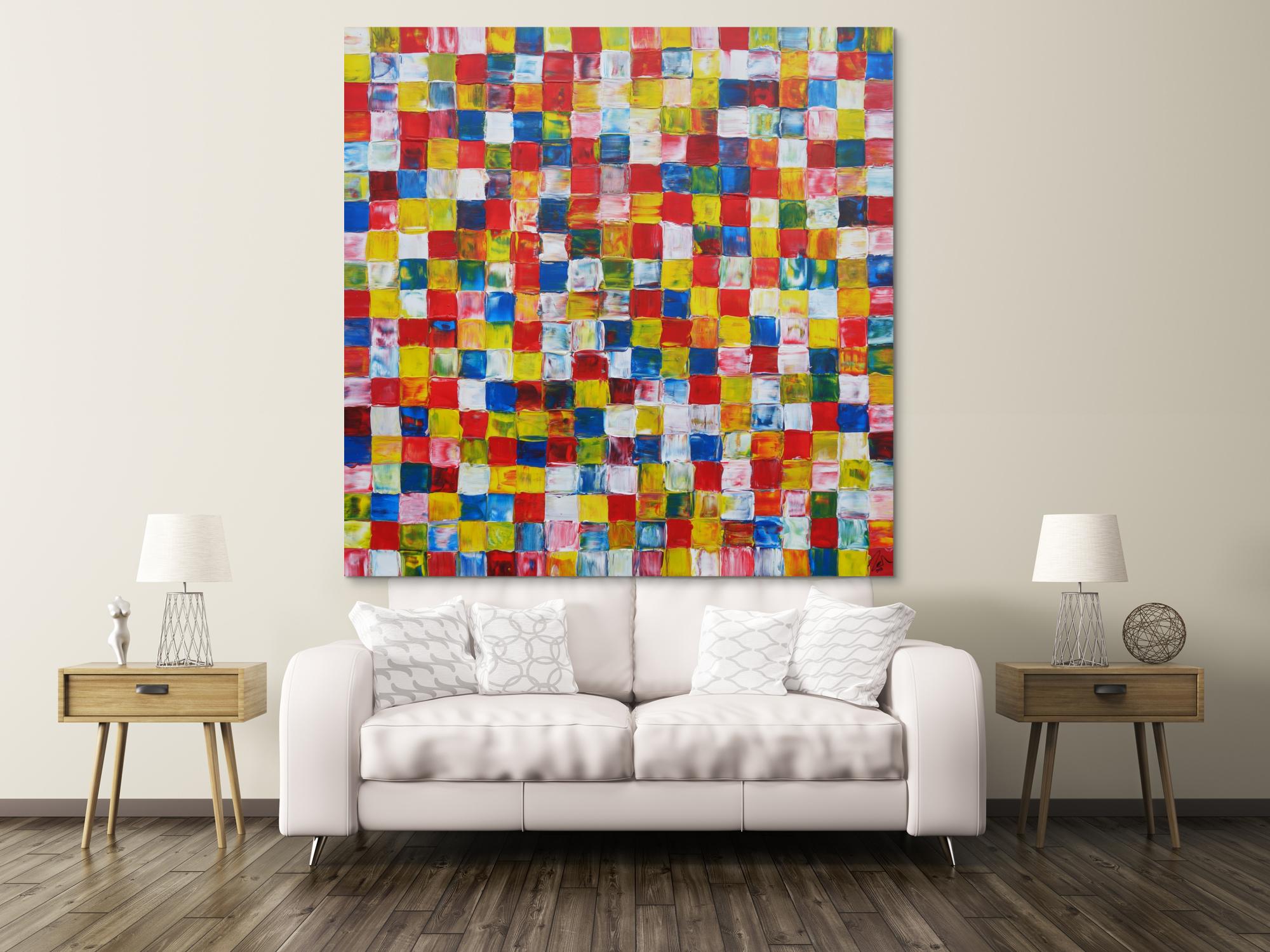 Abstraktes Acrylbild bunte Flächen sehr groß Karomuster viele Farben modern zeitgenössisch