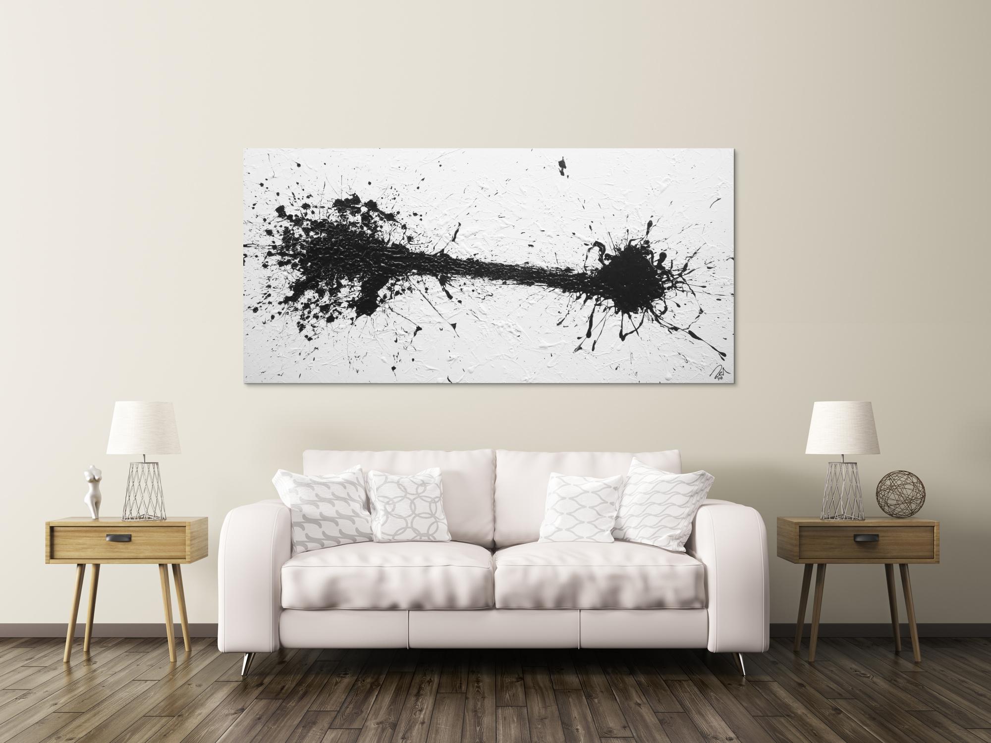 Abstraktes Acrylbild schwarz weiß modern schlicht Action Painting Splash Art minimalistisch