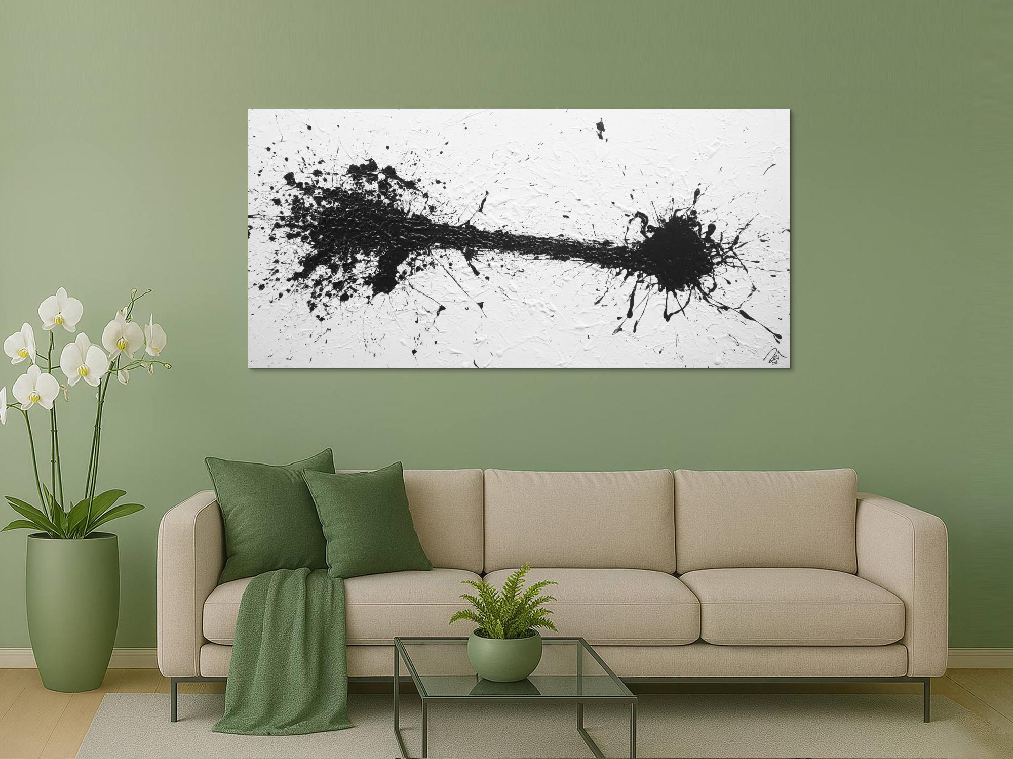 Abstraktes Acrylbild schwarz weiß modern schlicht Action Painting Splash Art minimalistisch