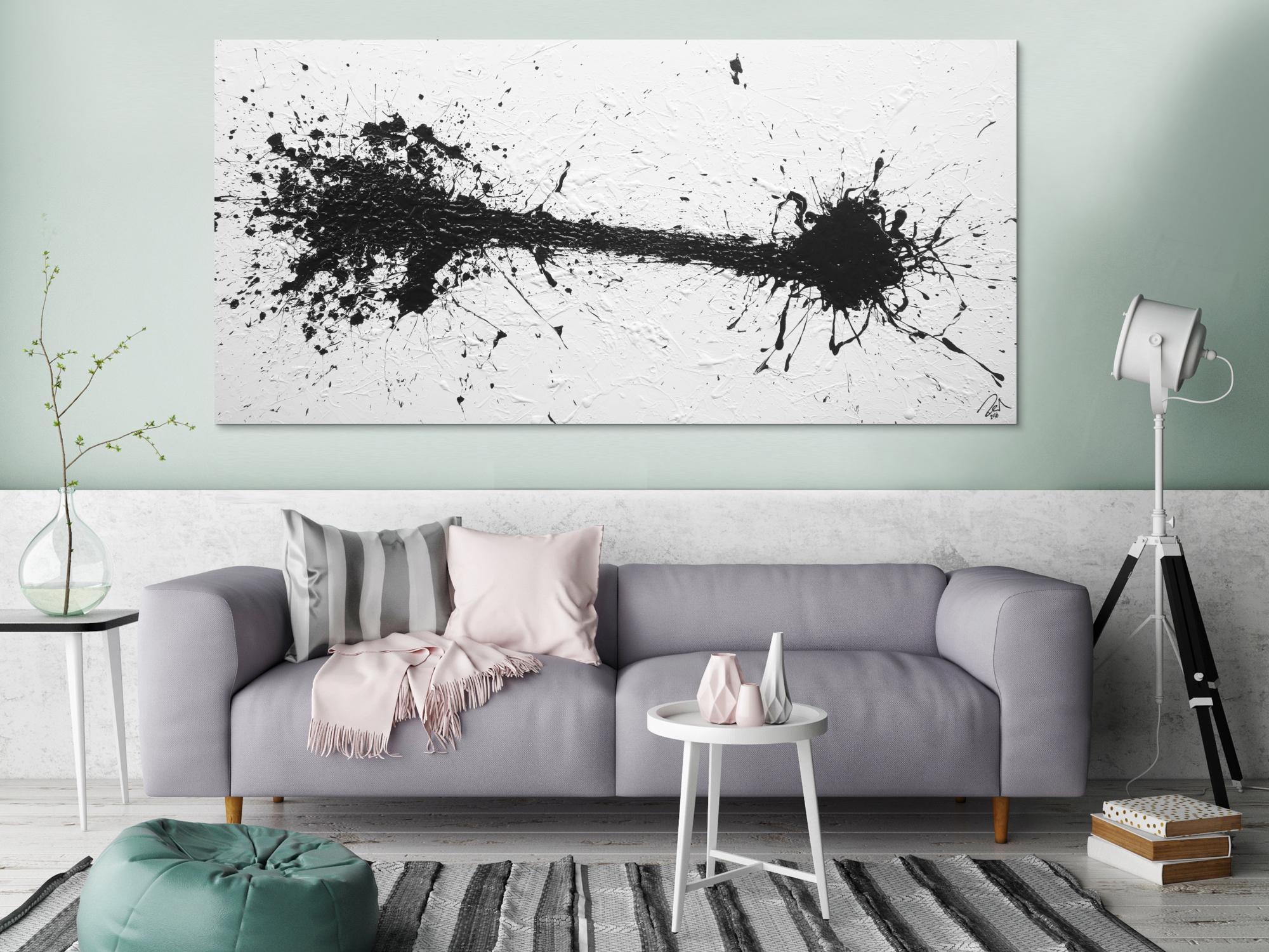 Abstraktes Acrylbild schwarz weiß modern schlicht Action Painting Splash Art minimalistisch