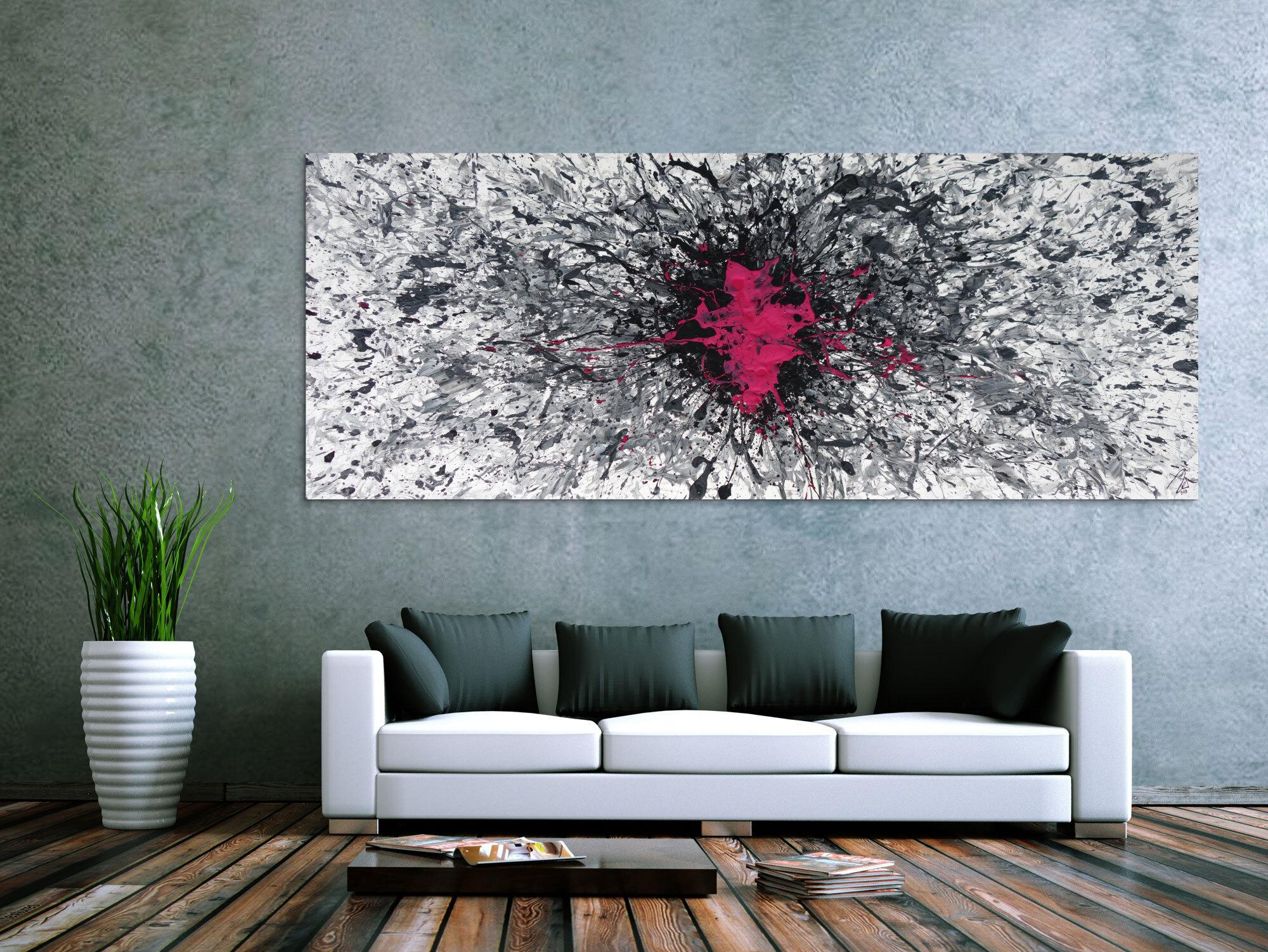 Abstraktes Acrylbild Mischtechnik Action Painting Splash Art grau weiß scharz pink Modern Art