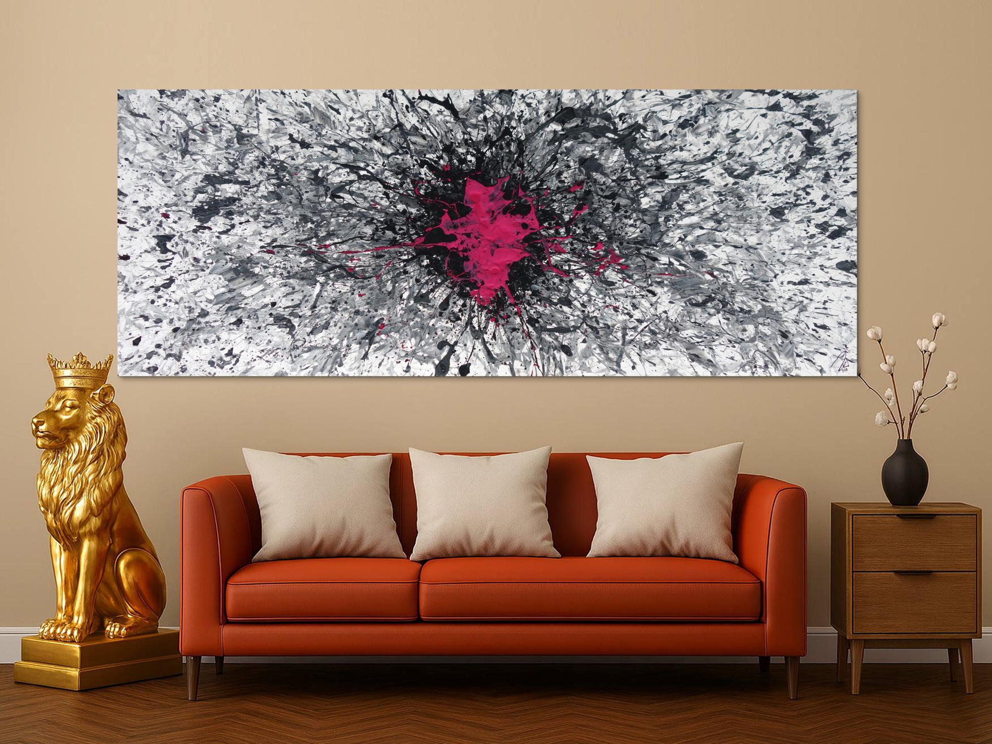 Abstraktes Acrylbild Mischtechnik Action Painting Splash Art grau weiß scharz pink Modern Art