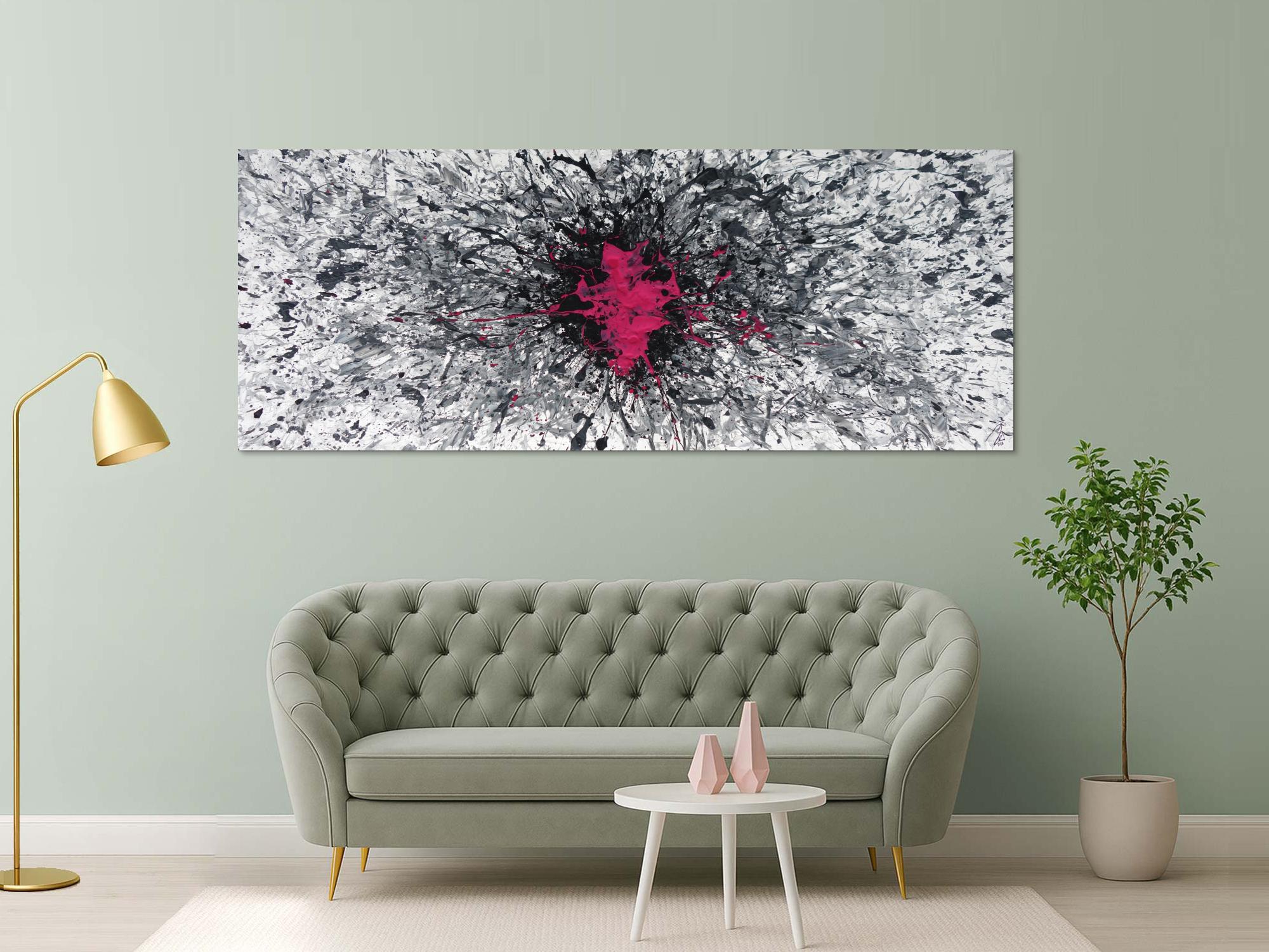 Abstraktes Acrylbild Mischtechnik Action Painting Splash Art grau weiß scharz pink Modern Art