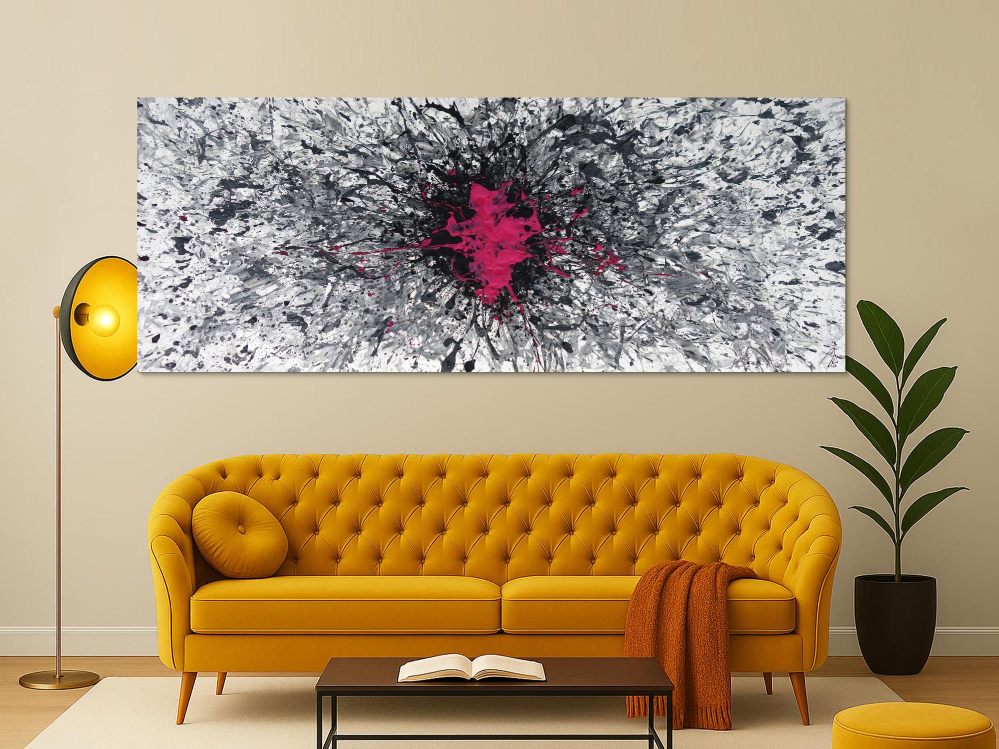 Abstraktes Acrylbild Mischtechnik Action Painting Splash Art grau weiß scharz pink Modern Art