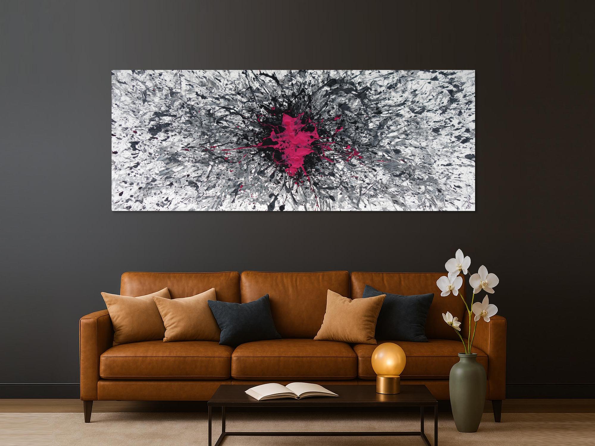 Abstraktes Acrylbild Mischtechnik Action Painting Splash Art grau weiß scharz pink Modern Art