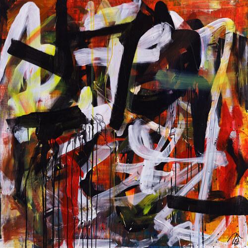 Abstraktes Acrylbild Mischtechnik Action Painting orange schwarz weiß rot Modern Art zeitgenössisch