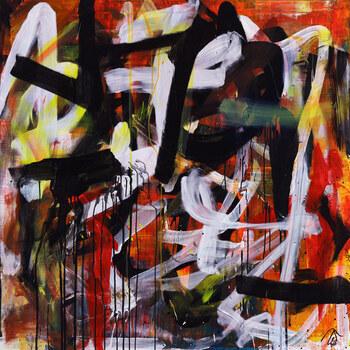 Abstraktes Acrylbild Mischtechnik Action Painting orange schwarz weiß rot Modern Art zeitgenössisch