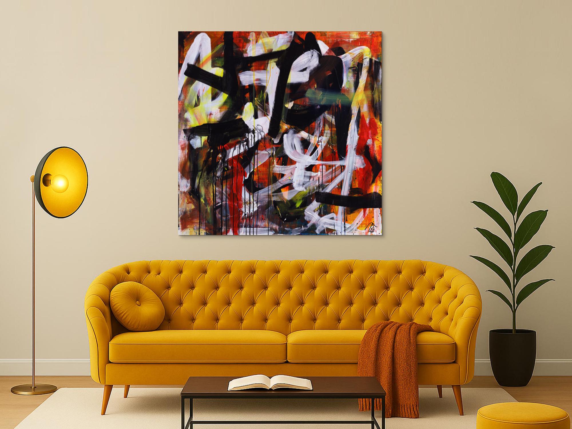 Abstraktes Acrylbild Mischtechnik Action Painting orange schwarz weiß rot Modern Art zeitgenössisch