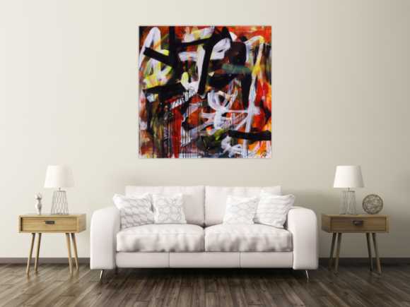 Abstraktes Acrylbild Mischtechnik Action Painting orange schwarz weiß rot Modern Art zeitgenössisch