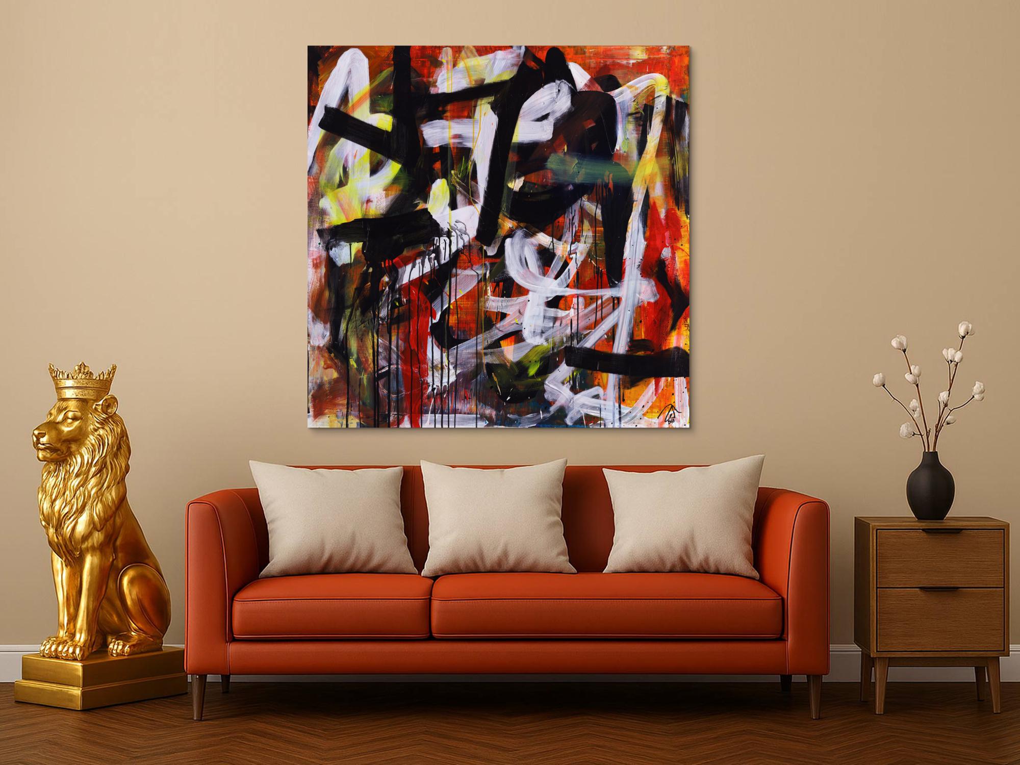 Abstraktes Acrylbild Mischtechnik Action Painting orange schwarz weiß rot Modern Art zeitgenössisch