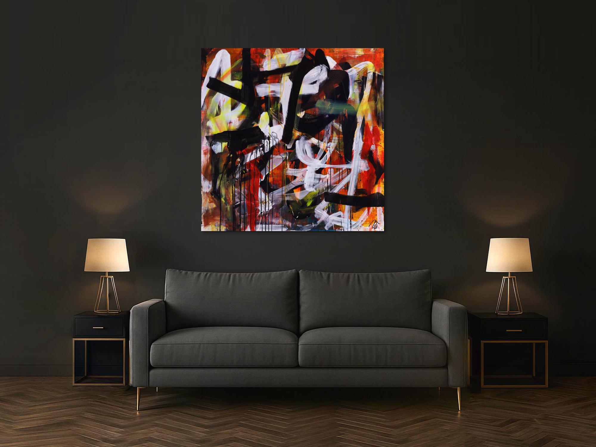 Abstraktes Acrylbild Mischtechnik Action Painting orange schwarz weiß rot Modern Art zeitgenössisch