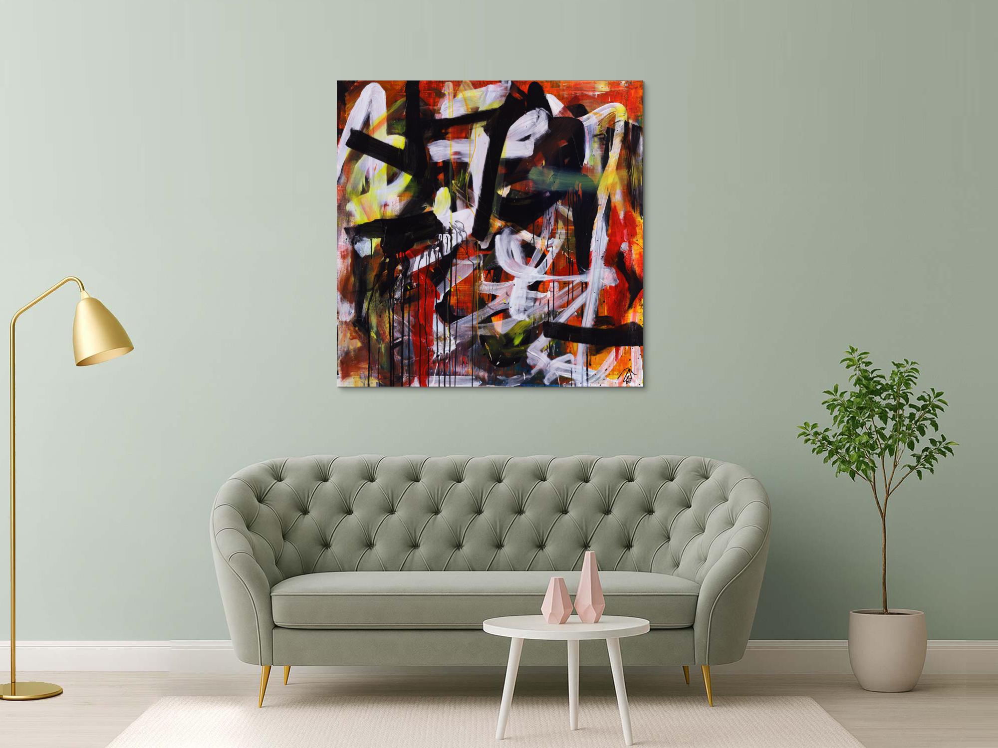 Abstraktes Acrylbild Mischtechnik Action Painting orange schwarz weiß rot Modern Art zeitgenössisch