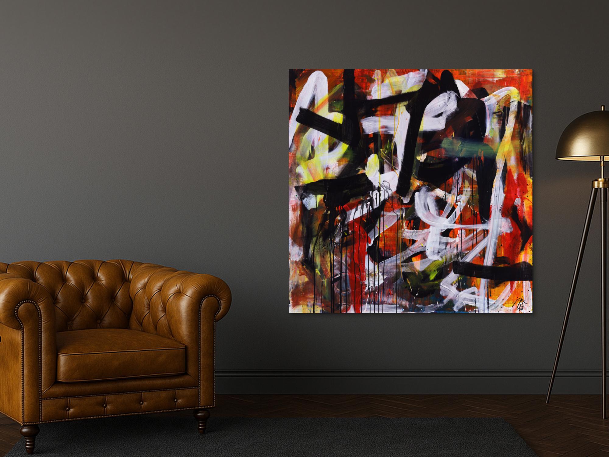 Abstraktes Acrylbild Mischtechnik Action Painting orange schwarz weiß rot Modern Art zeitgenössisch