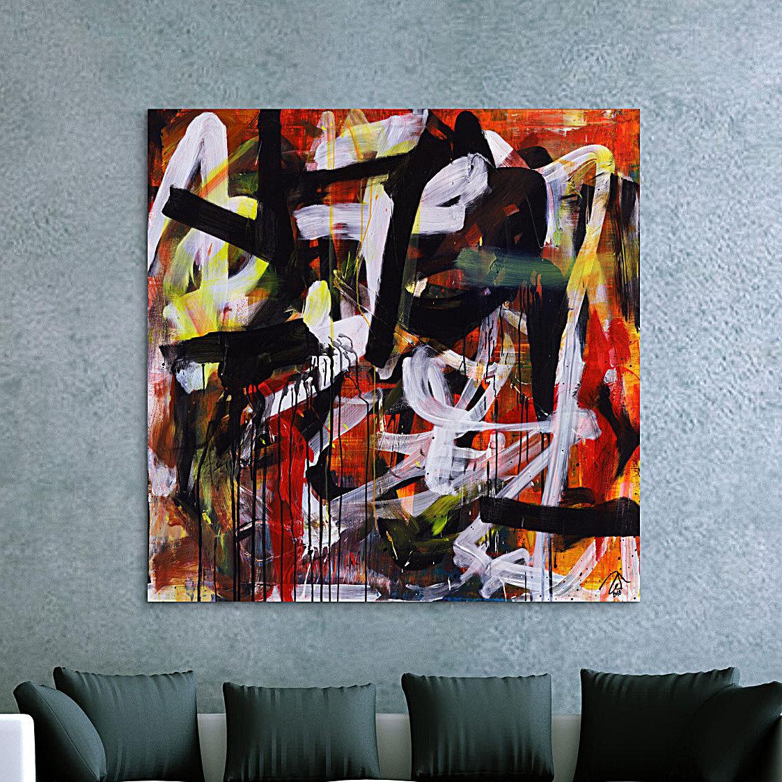 Abstraktes Acrylbild Mischtechnik Action Painting orange schwarz weiß rot Modern Art zeitgenössisch