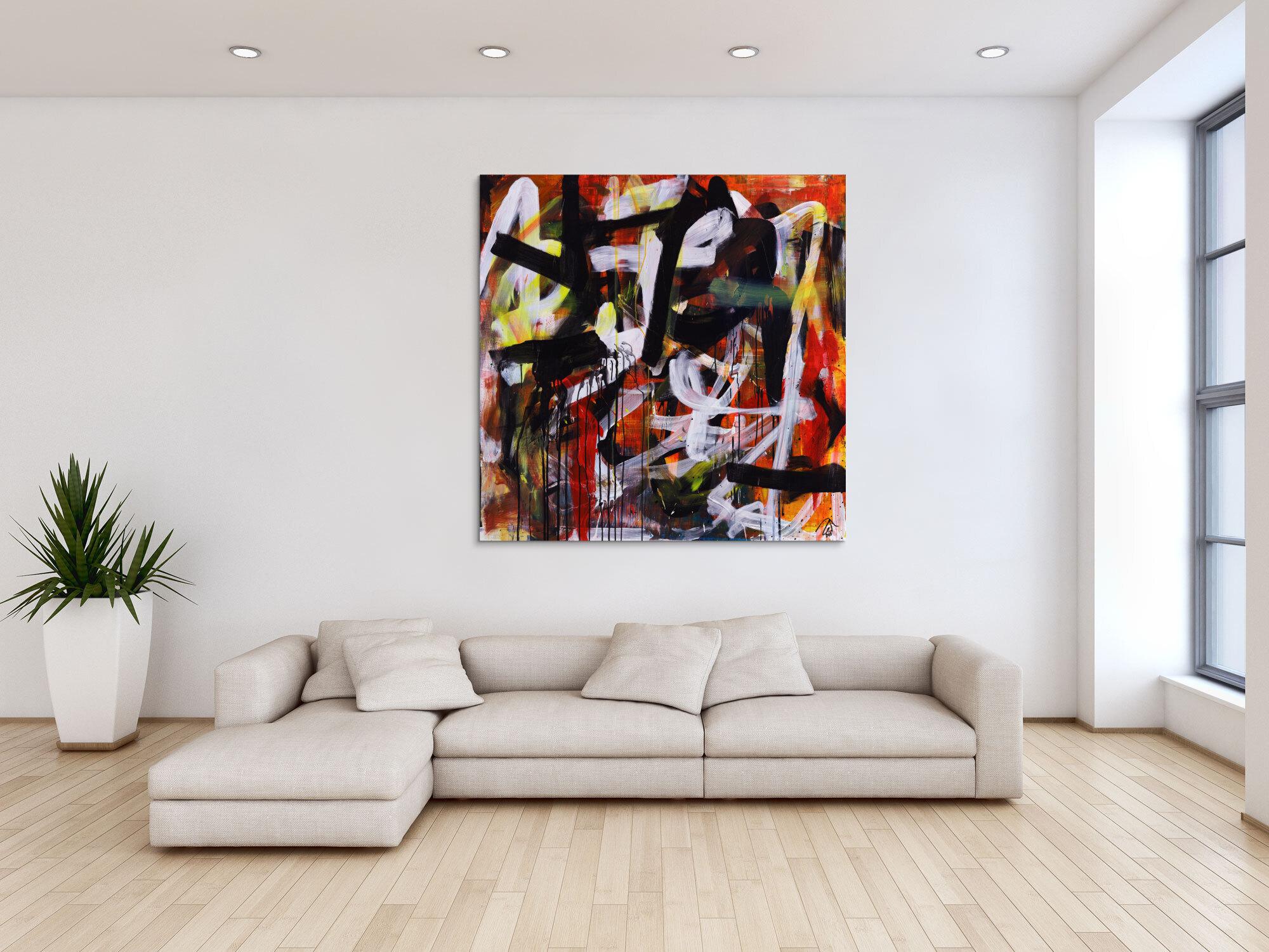 Abstraktes Acrylbild Mischtechnik Action Painting orange schwarz weiß rot Modern Art zeitgenössisch