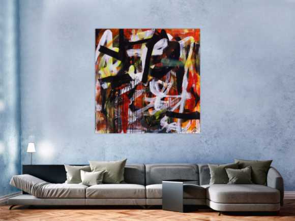 Abstraktes Acrylbild Mischtechnik Action Painting orange schwarz weiß rot Modern Art zeitgenössisch
