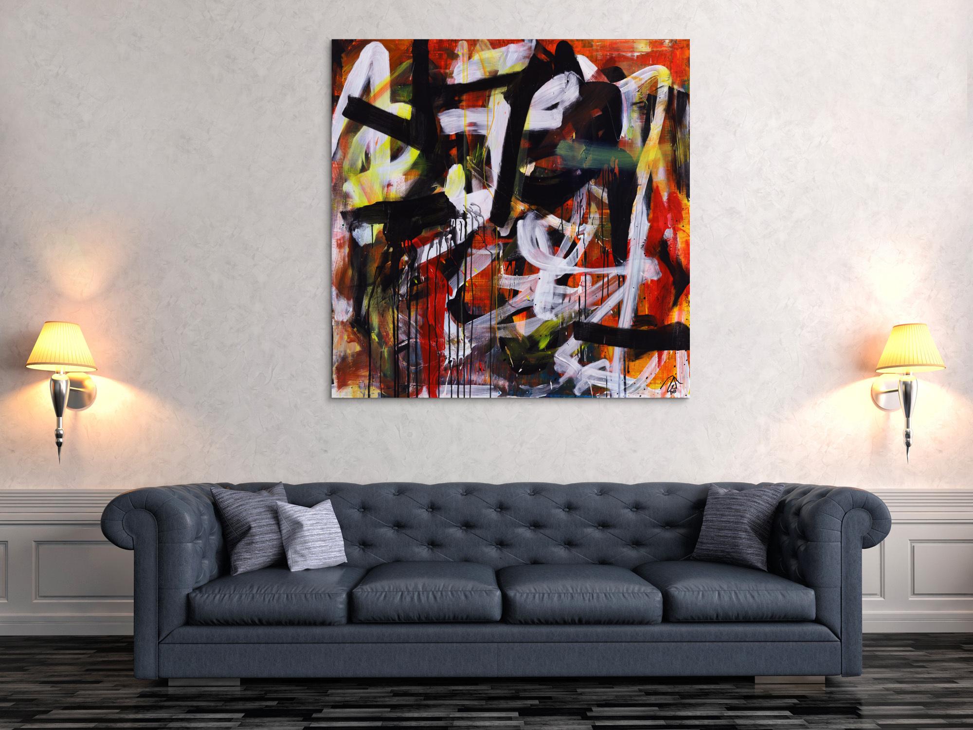 Abstraktes Acrylbild Mischtechnik Action Painting orange schwarz weiß rot Modern Art zeitgenössisch