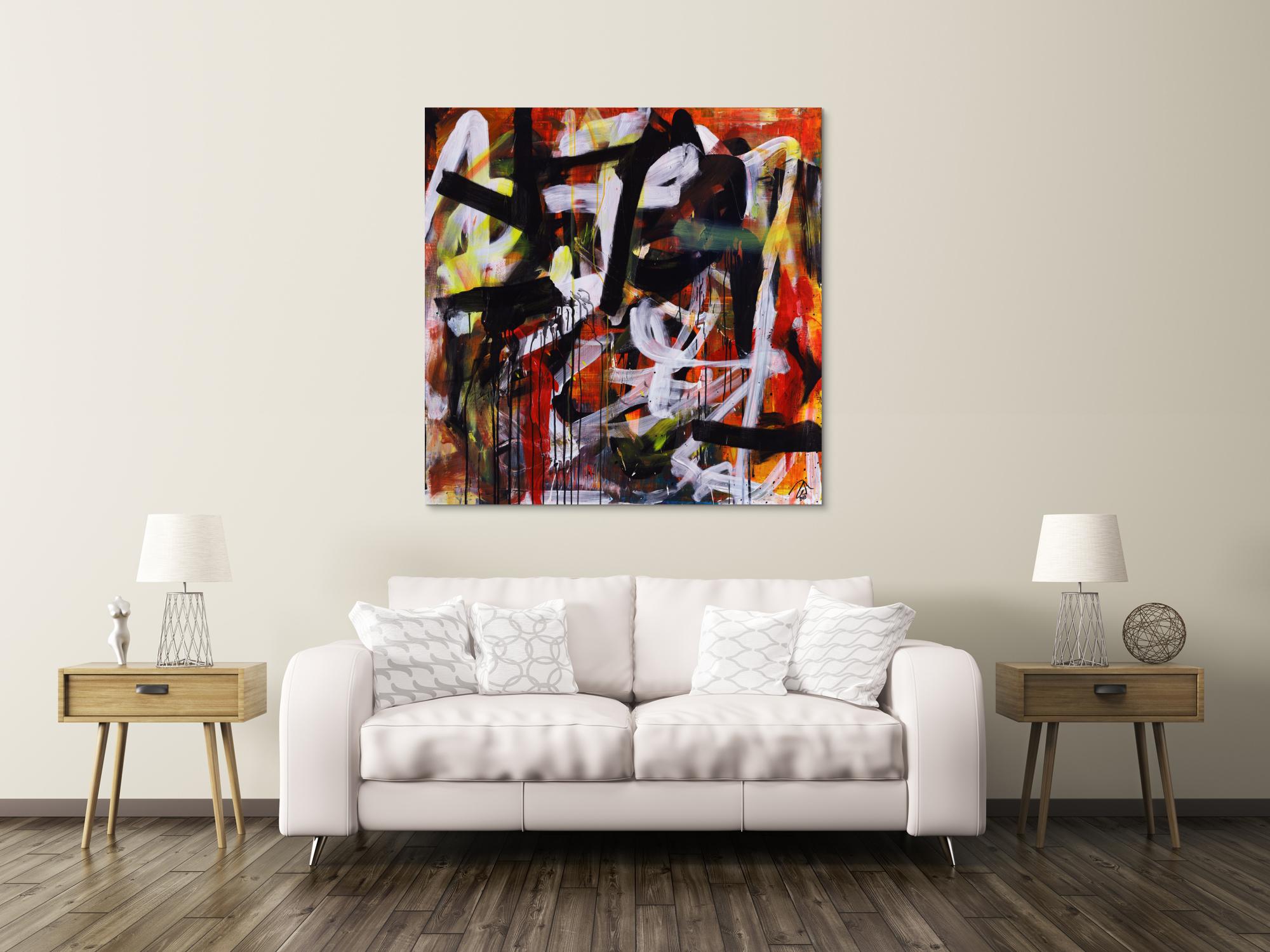 Abstraktes Acrylbild Mischtechnik Action Painting orange schwarz weiß rot Modern Art zeitgenössisch