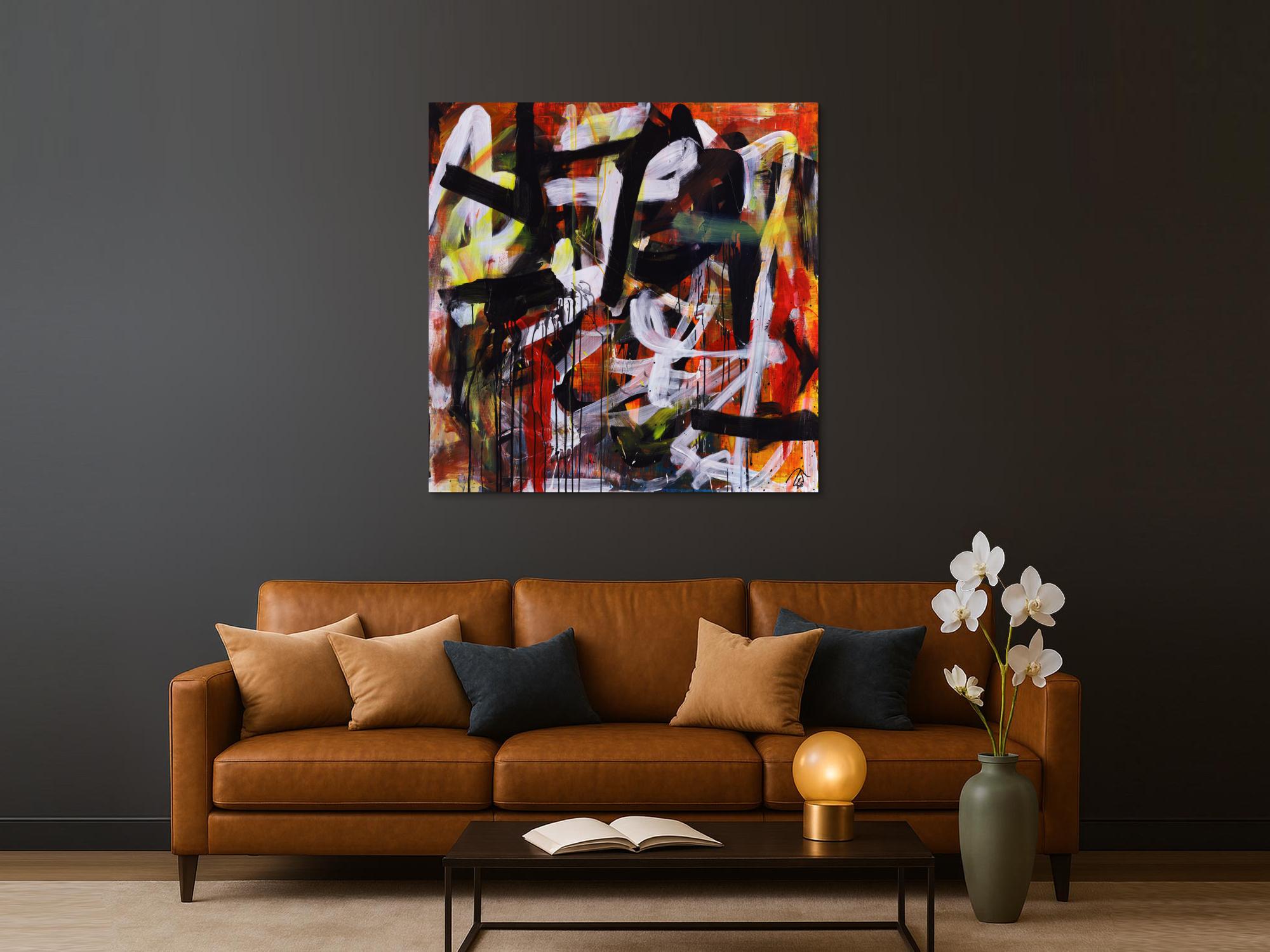 Abstraktes Acrylbild Mischtechnik Action Painting orange schwarz weiß rot Modern Art zeitgenössisch