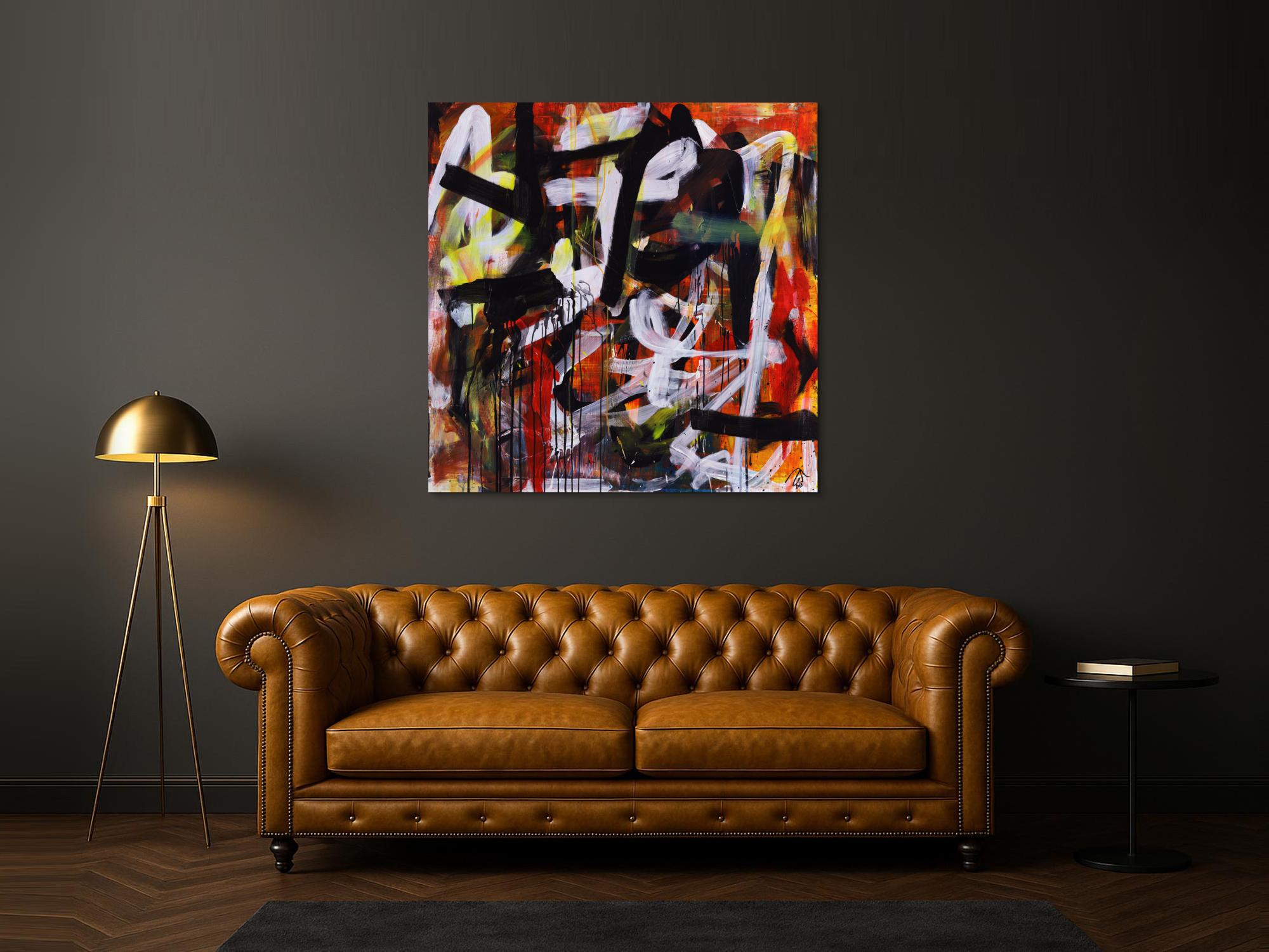 Abstraktes Acrylbild Mischtechnik Action Painting orange schwarz weiß rot Modern Art zeitgenössisch