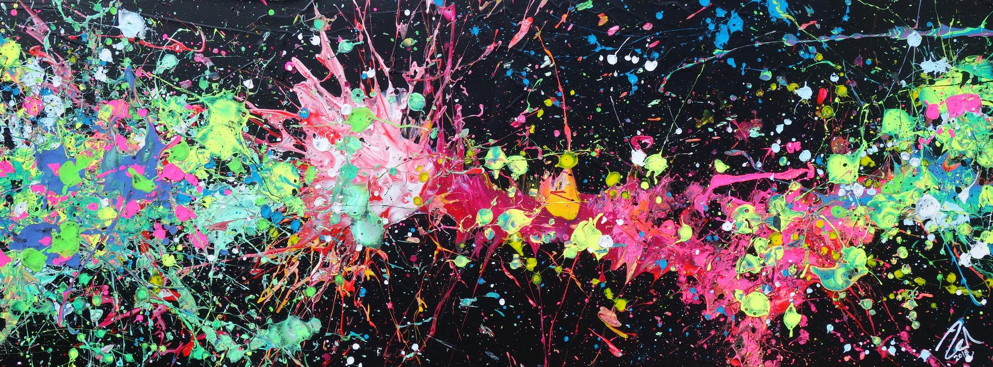 Acryl Gemälde abstrakt leuchtende Neon Farben auf schwarzem Hintergrund handgemalt