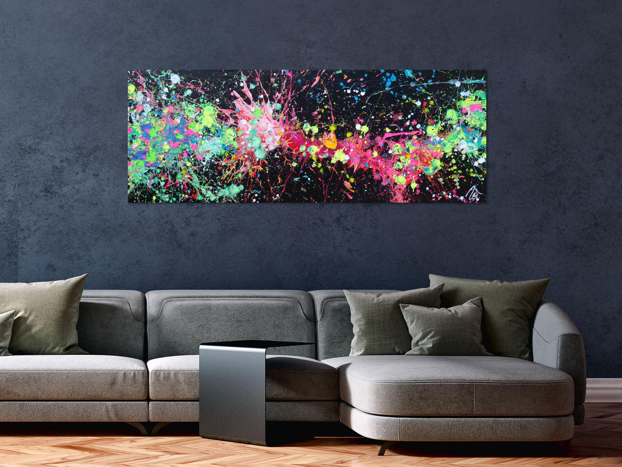 Acryl Gemälde abstrakt leuchtende Neon Farben auf schwarzem Hintergrund handgemalt